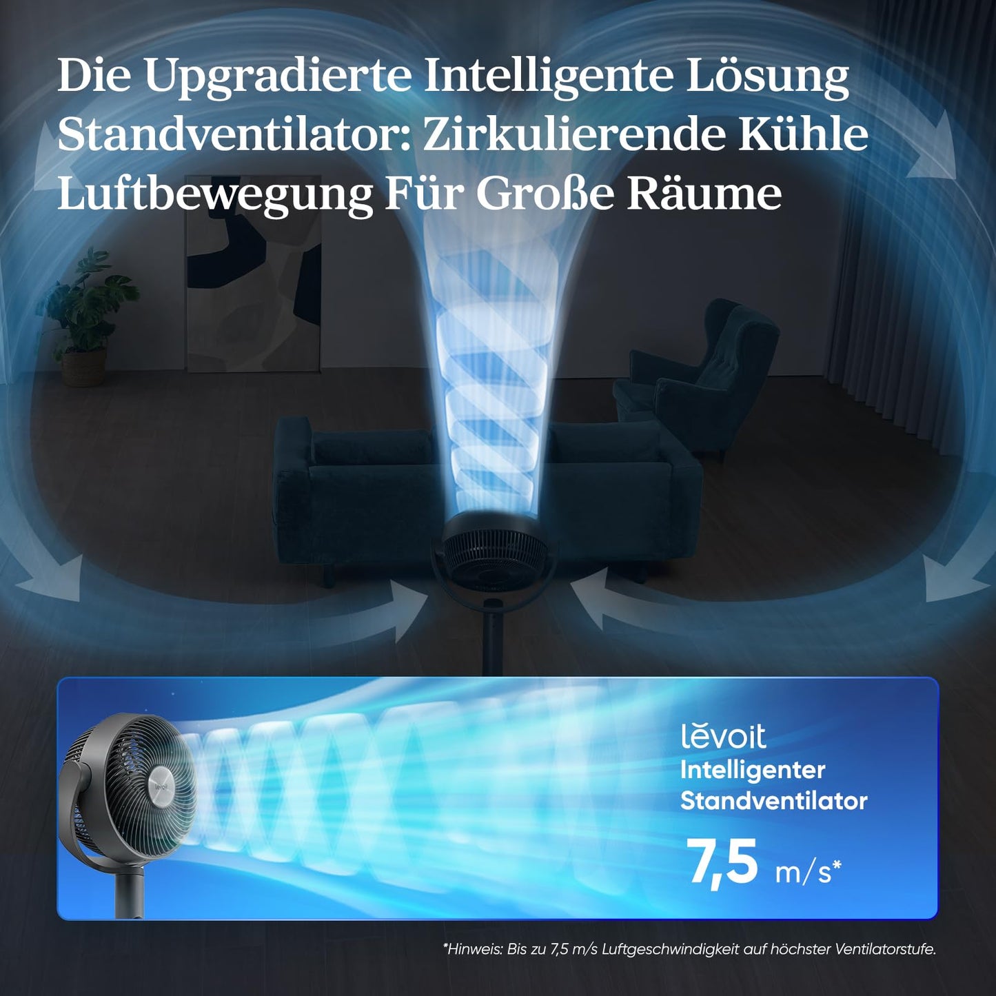 Levoit 20dB pedestal fan very quiet with intelligent control via APP & Alexa, DC motor with 30m throw, fan with cooling, fan with remote control, 4 modes 12 levels 12 hour timer - LPF-R432S-AEU