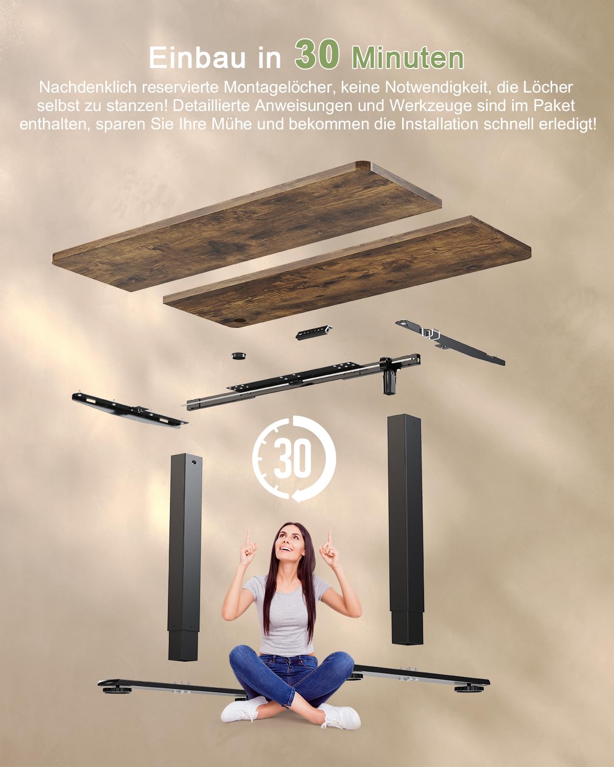 JUMMICO Birou reglabil pe înălțime cu port de încărcare USB, birou reglabil electric pe înălțime 100 x 60 cm, masă stand-sit, birou standing, masă de calculator reglabilă, birou standing, maro - 0403