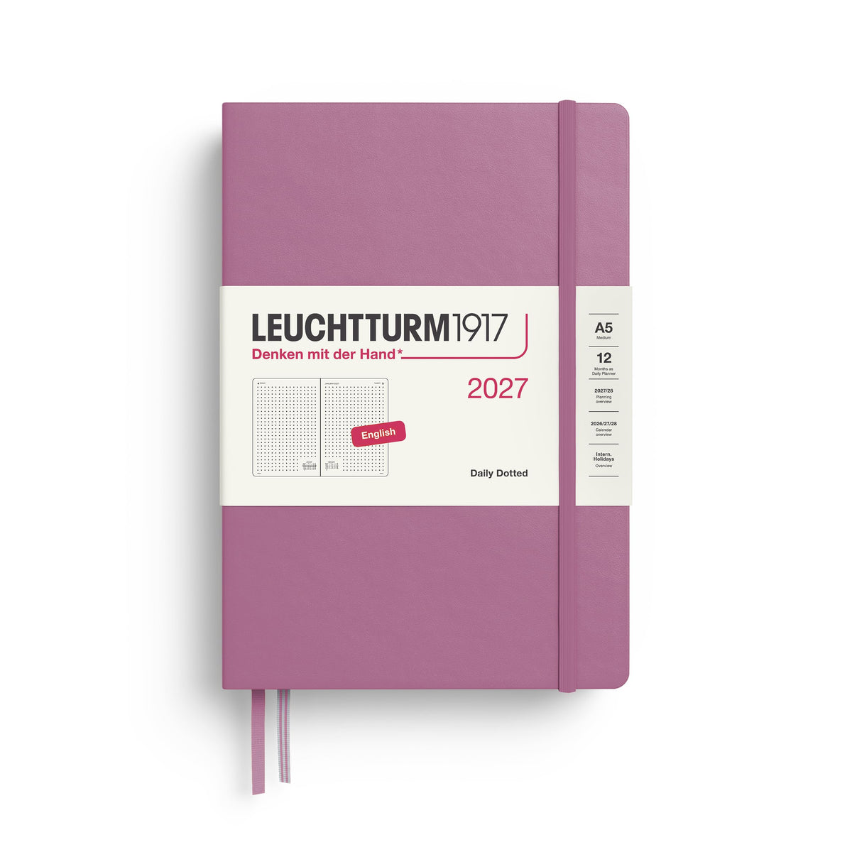 LEUCHTTURM1917 Daily Calendar 2027 Dotted Medium (A5) - English, Dusty Rose, 145 x 210 mm, January-December (12 months), 1 page per day, hourly grid 7:00-22:00, hardcover, 80 g/m² paper - 400334