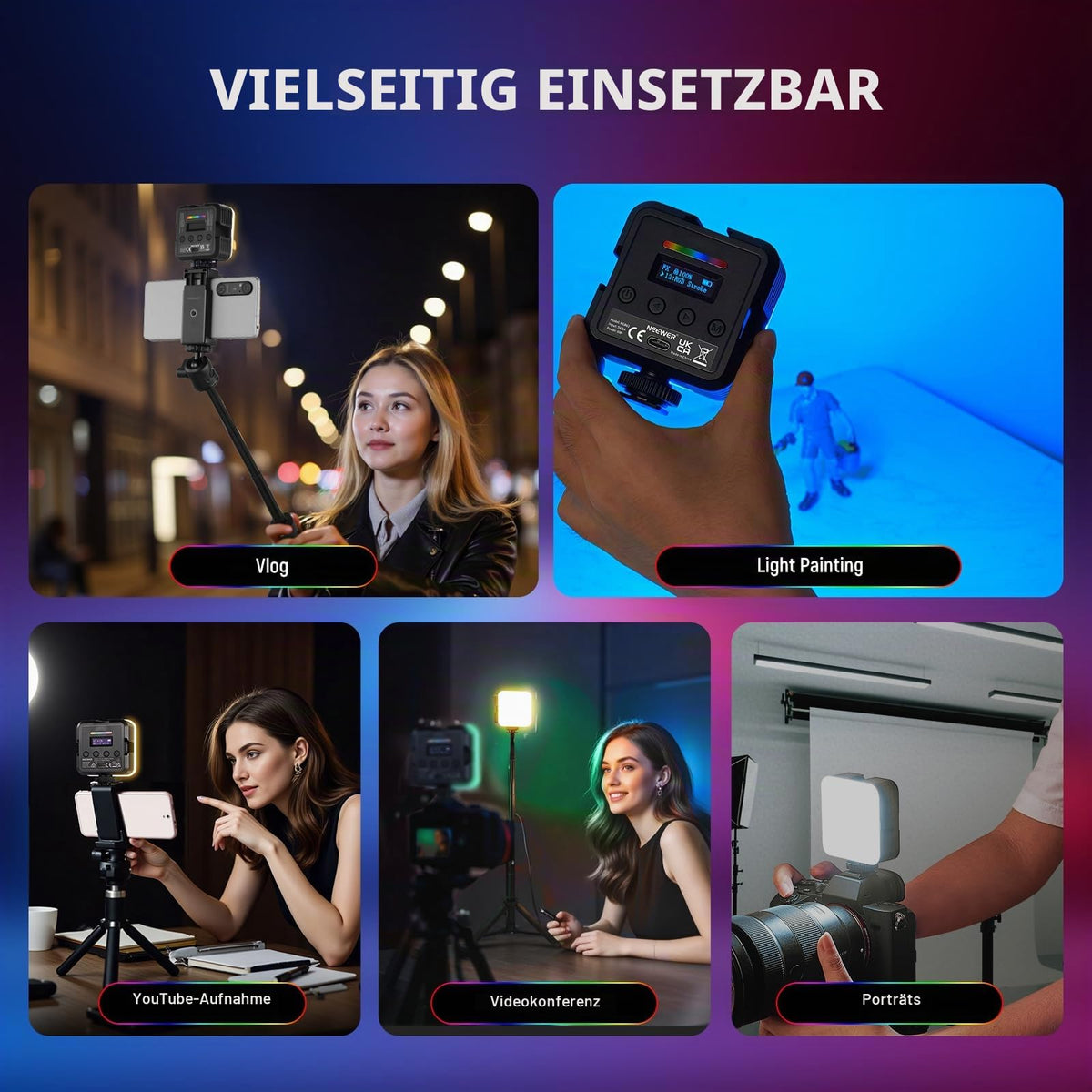 NEEWER Magnetic RGB Video Light with Table Tripod, 3 Cold Shoes 360° Full Color LED Camera Light CRI97+/20 Scenes/2500K-8500K 2000mAh Rechargeable Photography Recording Small Panel Lighting RGB61