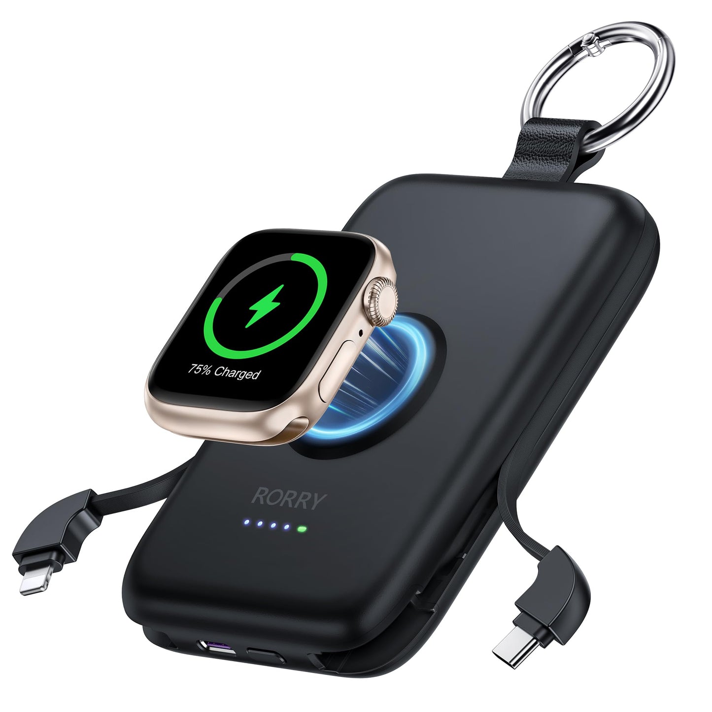 RORRY Power Bank, 10000mAh Power Bank Fast Charging Function PD 20W with Integrated Cable, Travel Portable Charger External Mobile Phone Batteries for iPhone 17/16/15/14 and Apple Watch Ultra 11/10/9/8/7/SE, Black - D2-10000