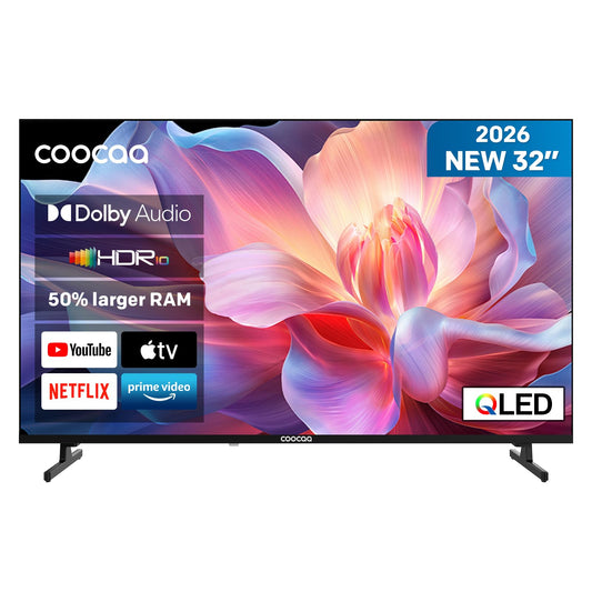 coocaa 32 inch TV, 80cm, QLED HD Smart TV, Superior QLED Tech, HDR10, HLG, 1.5GB RAM for smooth streaming, Dolby Audio, triple tuner DVB-T/-T2/-C/-S/-S2 CI+, Bluetooth 5.1, 32CTQH38Z, 2026