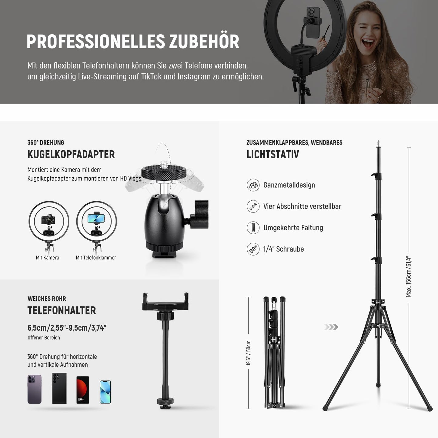 NEEWER 18" ring light set with edge lighting, 45W 3300Lux 2900K-7000K 12 scenes ring light with APP 2.4G PC Mac control, remote control, tripod bag for make-up, TikTok, Ins, live stream, RL45B - 10103370