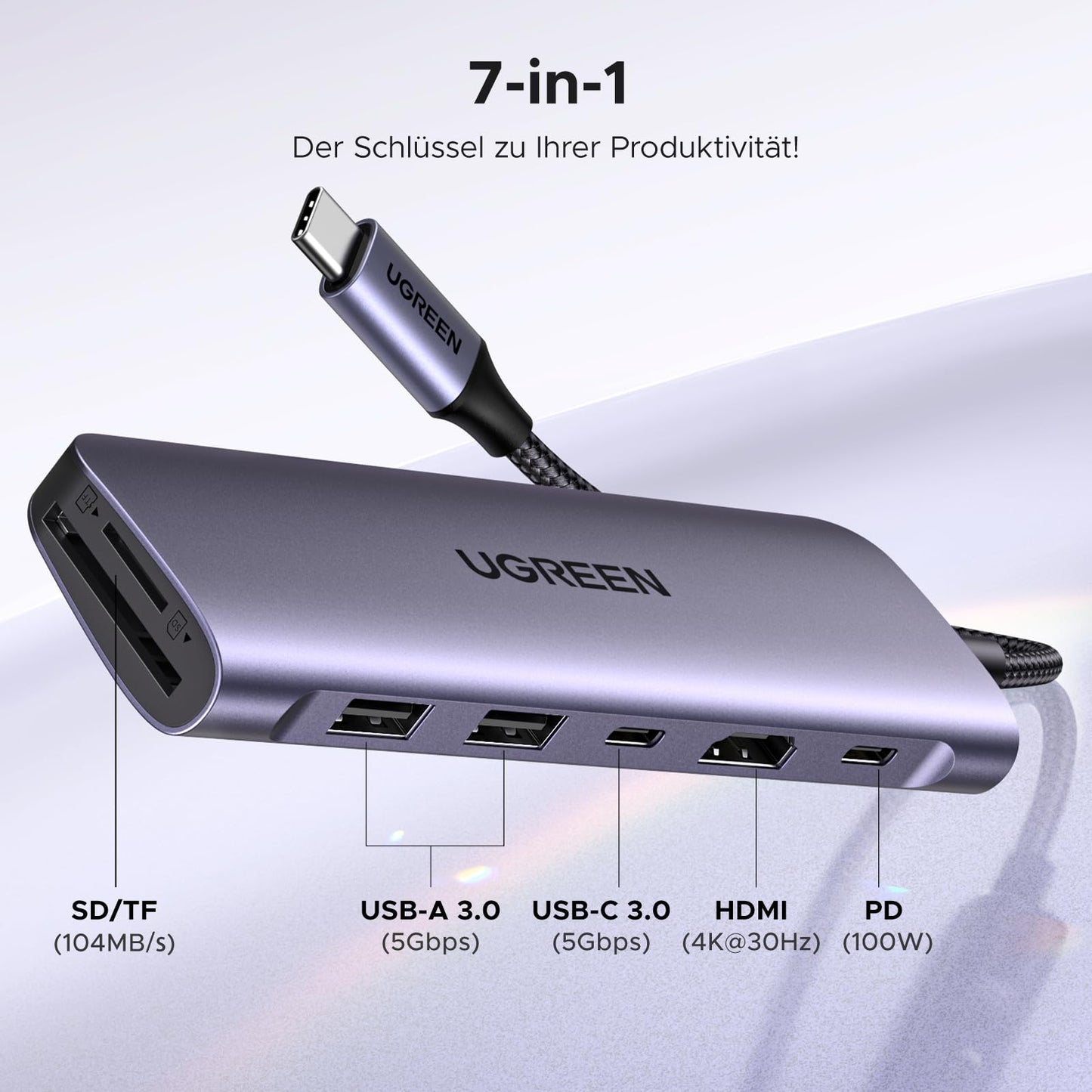UGREEN Revodok 1071 USB C Hub HDMI 4K, PD 100W, USB 3.0 data ports, SD/TF card reader multiport adapter compatible with iPhone 17/16, MacBook Neo, iPad, Surface Laptop, Galaxy S24, Steam Deck etc. - 15214