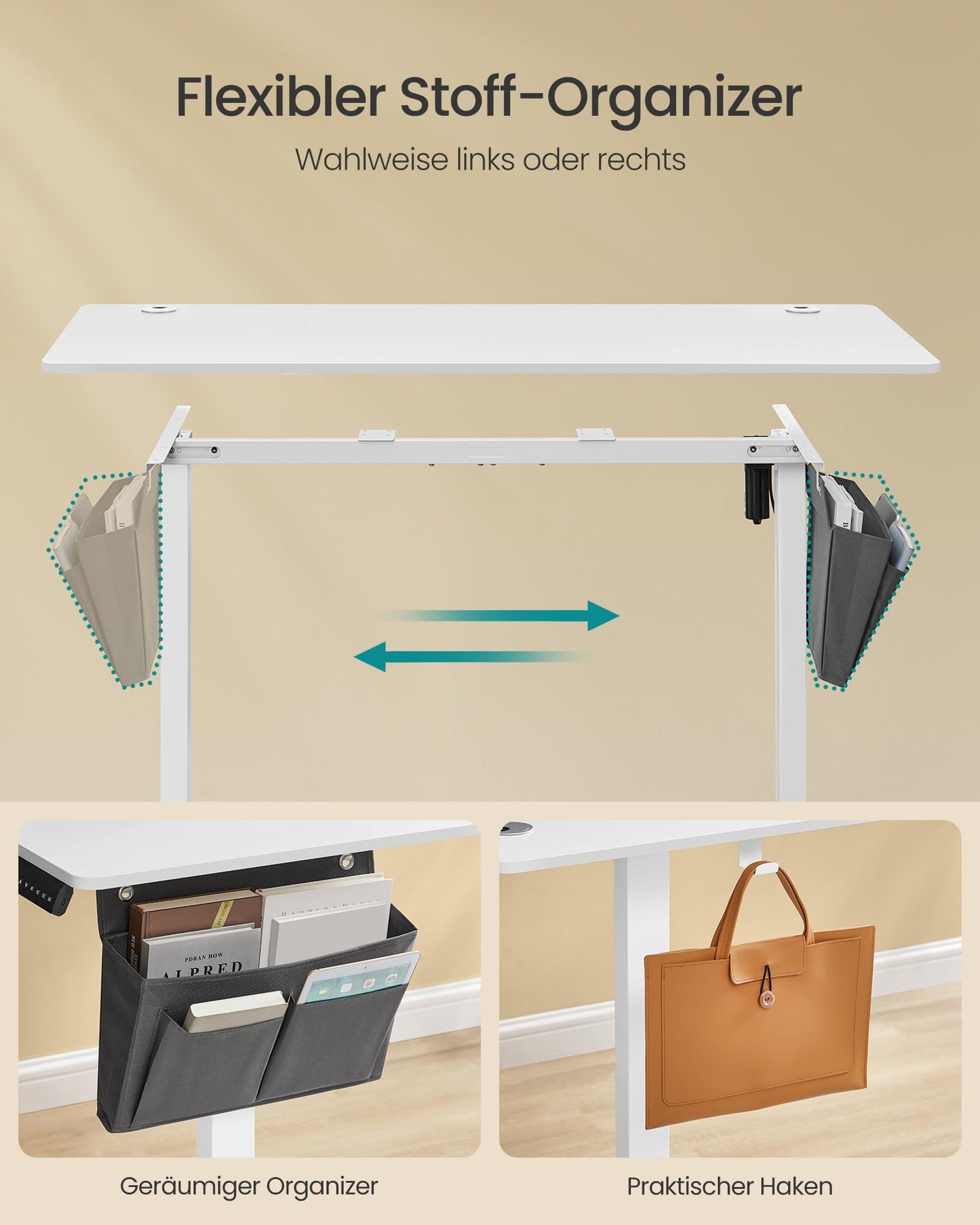 SONGMICS Electric height-adjustable desk, 140 x 60 cm, continuously adjustable, memory function with 4 heights, for office, cloud white LSD134W01 - LSD03X01