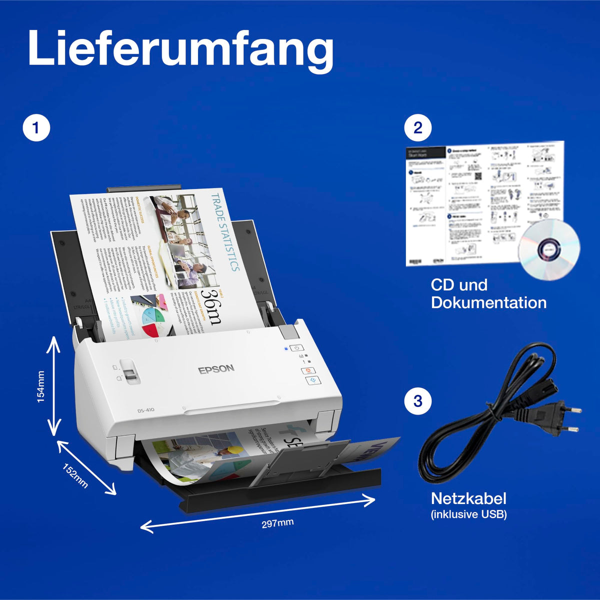 Workforce DS-410: Scanner de birou compact A4 cu alimentare de hârtie, alimentator automat de documente pentru 50 de foi și software Epson Document Capture Pro. - B11B249401