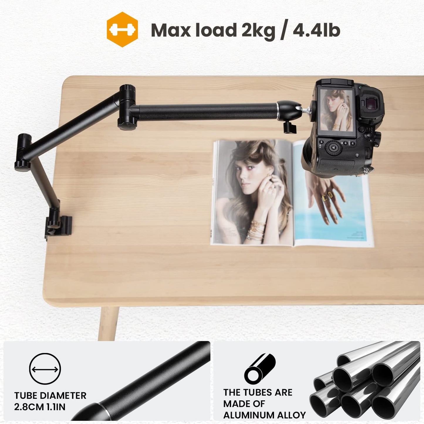 TARION Overhead Tripod Camera Table Tripod Clamp Tripod Flexible Articulated Arm Table Mount with 3/8'' Thread and 3/8'' to 1/4'' Screw Adapter for DSLR Cameras Ring Light Projector (M(TKB01)) - NATRN0003