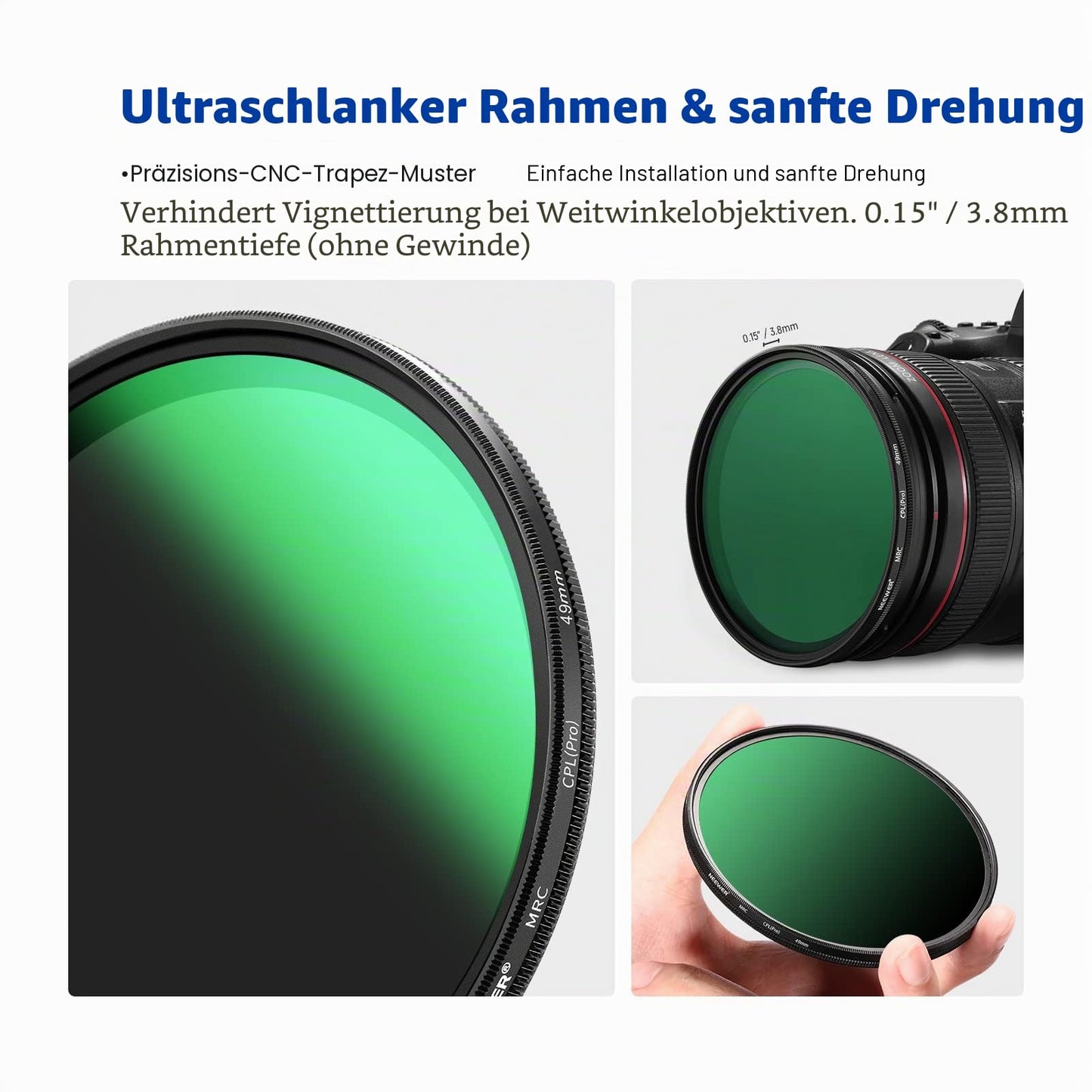 NEEWER 49 mm CPL polarization filter, ultra-thin, 30 layers of multi-resistant nano-coatings circular polarization filter, optical HD glass, reduces reflection glare, improves contrast - NW