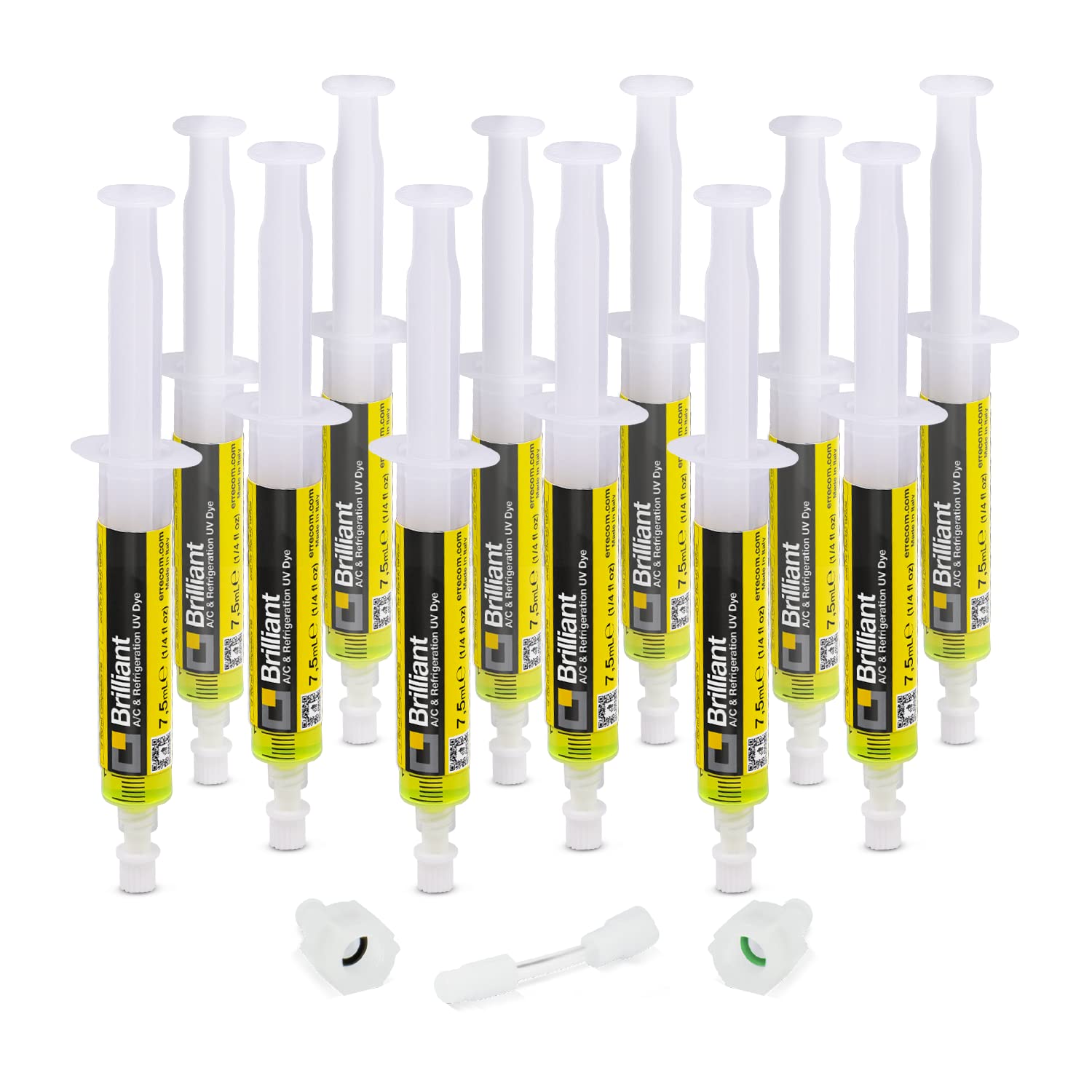 ERRECOM Brilliant - 12 x 7.5 ml, UV fluorescence tracer for detecting refrigerant leaks in car air conditioning systems, including 1/4 SAE and 5/16 SAE adapters (for R410a, R32) - TR1068.A12H3S2EC
