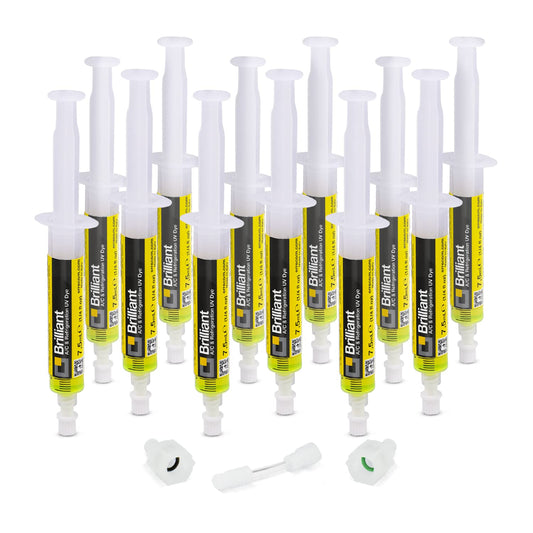ERRECOM Brilliant - 12 x 7.5 ml, UV fluorescence tracer for detecting refrigerant leaks in car air conditioning systems, including 1/4 SAE and 5/16 SAE adapters (for R410a, R32) - TR1068.A12H3S2EC