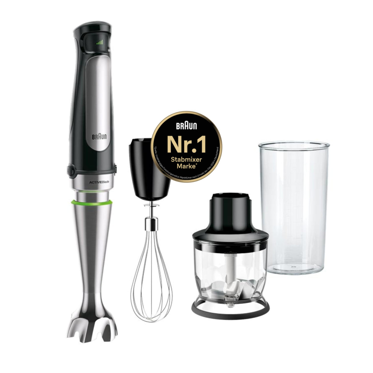 Braun MultiQuick 7 - Hand blender with SplashControl technology, ActiveBlade system, precise speed control, 350 ml chopper, whisk, 600 ml beaker, 1000W, Black (MQ7025X) - Minipimer