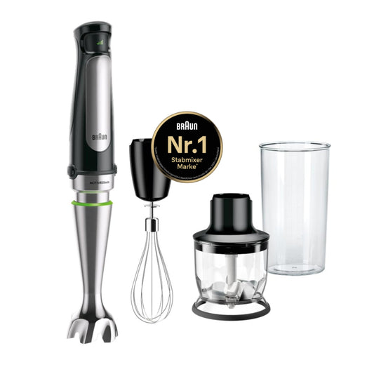 Braun MultiQuick 7 - Mixer de imersie cu tehnologie SplashControl, sistem ActiveBlade, control precis al vitezei, tocător de 350 ml, tel, pahar de 600 ml, 1000W, negru (MQ7025X) - Minipimer