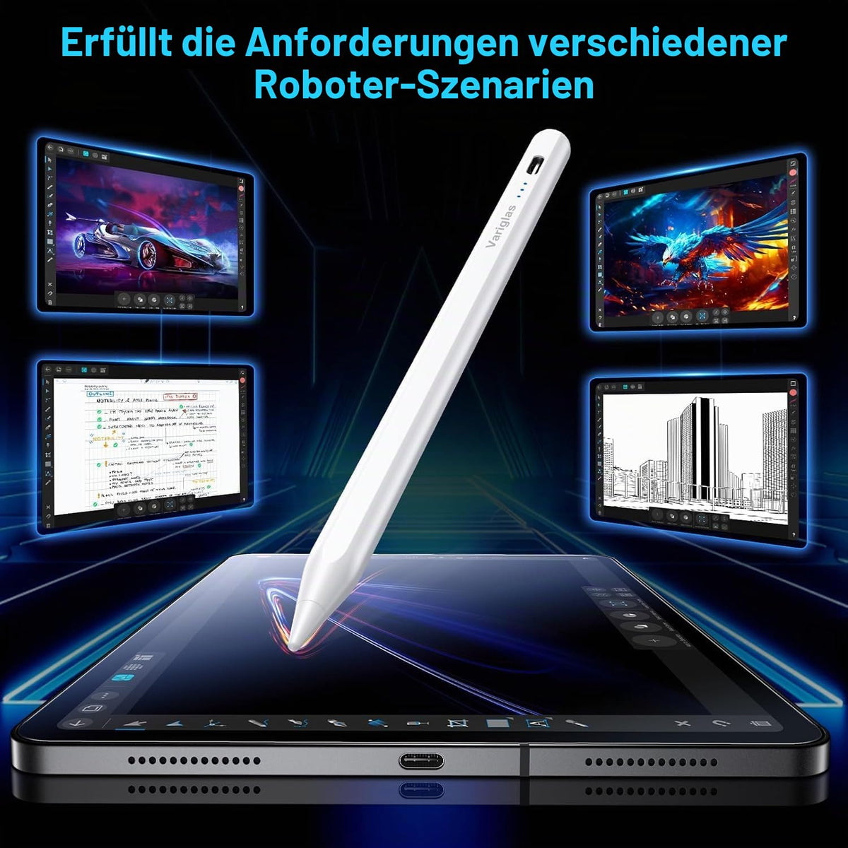 Variglas Stilou de introducere pentru iPad 2018-2026, 2 x încărcare rapidă, precizie pixel cu pixel, respingerea palmei, compatibil cu iPad 11(A16)/10/9/8/7/6, Pro M5/M4/13/12.9/11, Air 3/4/5/M2/M3/M4(2026), Mini 5/6/7 - V-ZG-Pen-01