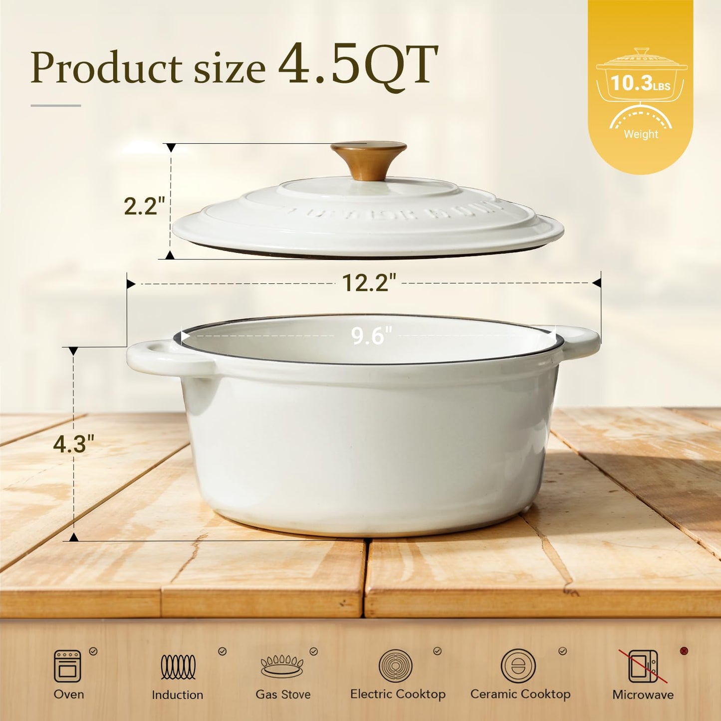 Overmont roasting pan enamel cast iron pot - casserole 24cm oven-safe - with lid and cookbook - for kitchen baking stewing roasting pearl white - 24CM-Enamel-Pearl