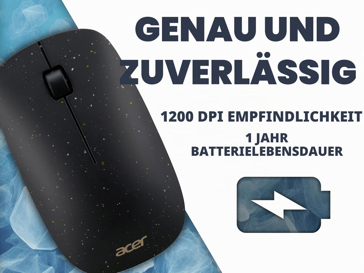 Acer Vero Mouse AMR020 - Wireless Mouse (2.4GHz Wireless Mouse, 1200 DPI, Smart Power Management, ergonomic design for both right and left-handed users, silent scroll wheel, 30% PCR plastic content) black - GP.MCE11.02L