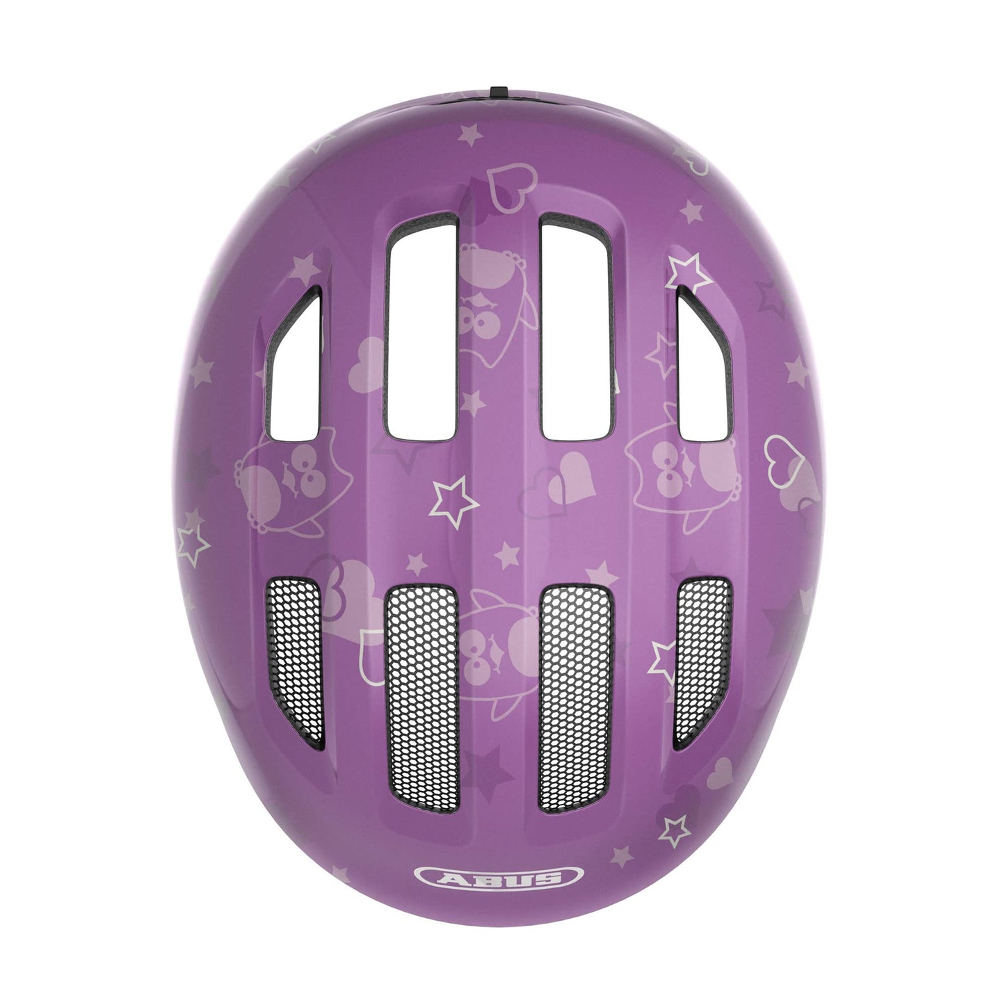 ABUS children's helmet Smiley 3.0 - bicycle helmet with a deep fit, child-friendly designs & space for a braid - for girls and boys - purple with owl pattern, size S - 67259