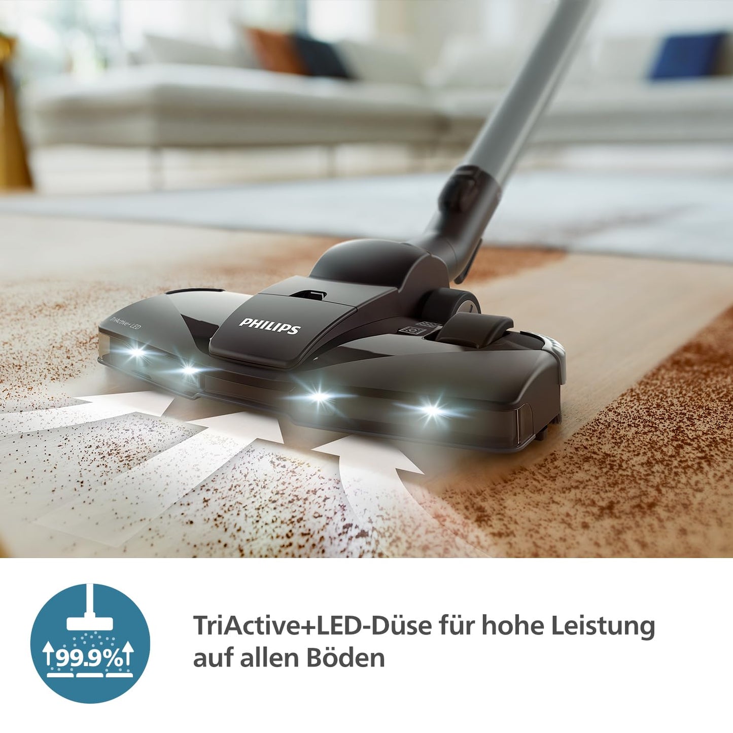 PHILIPS 8000-Series Bag Vacuum Cleaner Performer LED - 900 W Motor, TriActive+ LED Nozzle, HEPA, 12 m, Durable Bags, Deep Black (XD8122/10)
