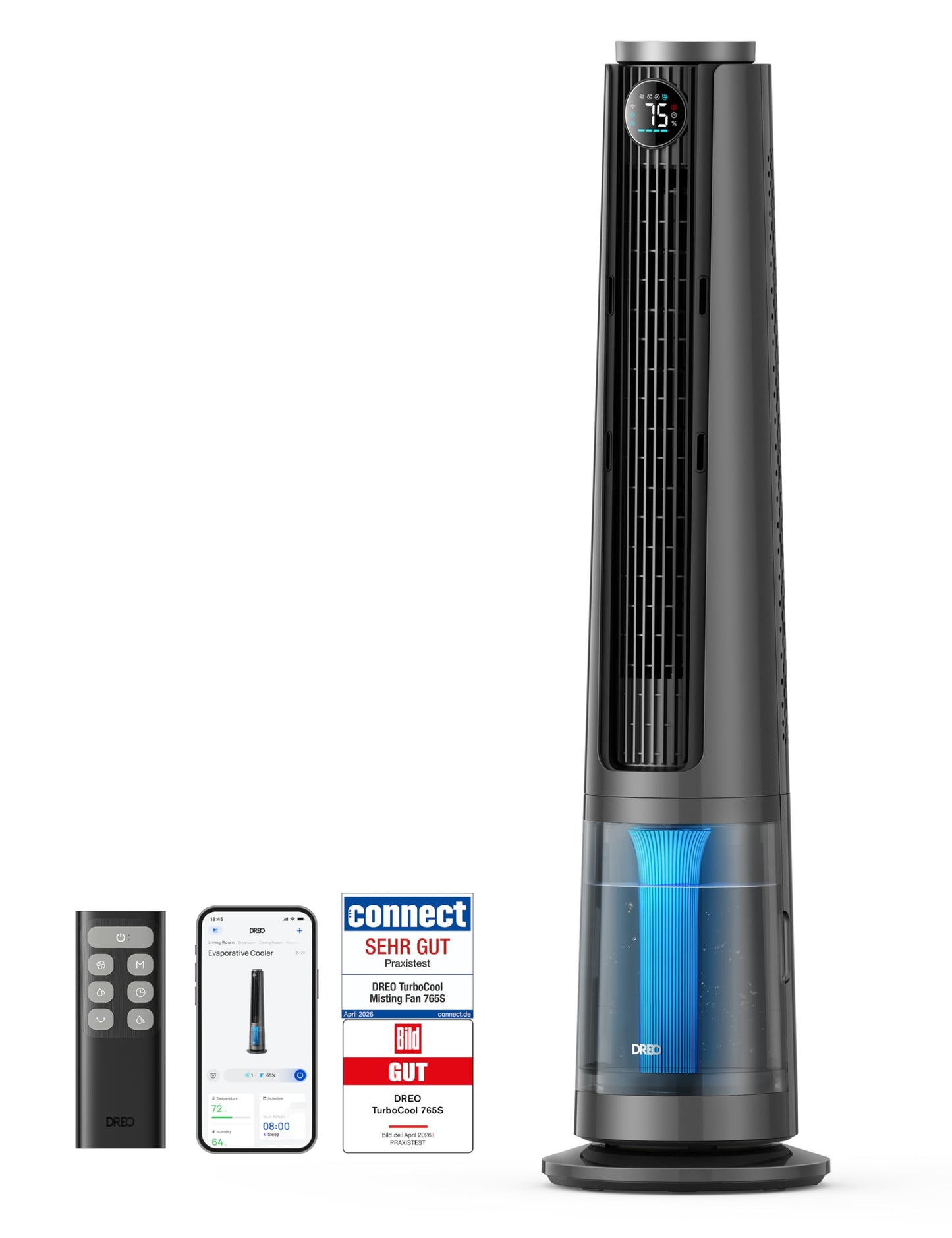 DREO TurboCool Mist Fan 765S, 3-in-1 tower fan with ultrasonic, WiFi & app control, 6 L tank, 10.4 m/s airflow, 20 dB quiet DC motor, 90° oscillation, 12 speeds, 4 modes - DR-HEC005S