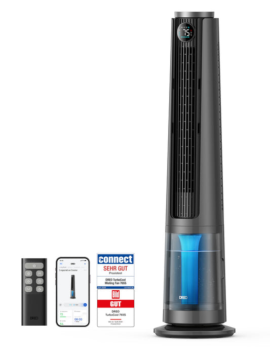 DREO TurboCool Mist Fan 765S, 3-in-1 tower fan with ultrasonic, WiFi & app control, 6 L tank, 10.4 m/s airflow, 20 dB quiet DC motor, 90° oscillation, 12 speeds, 4 modes - DR-HEC005S