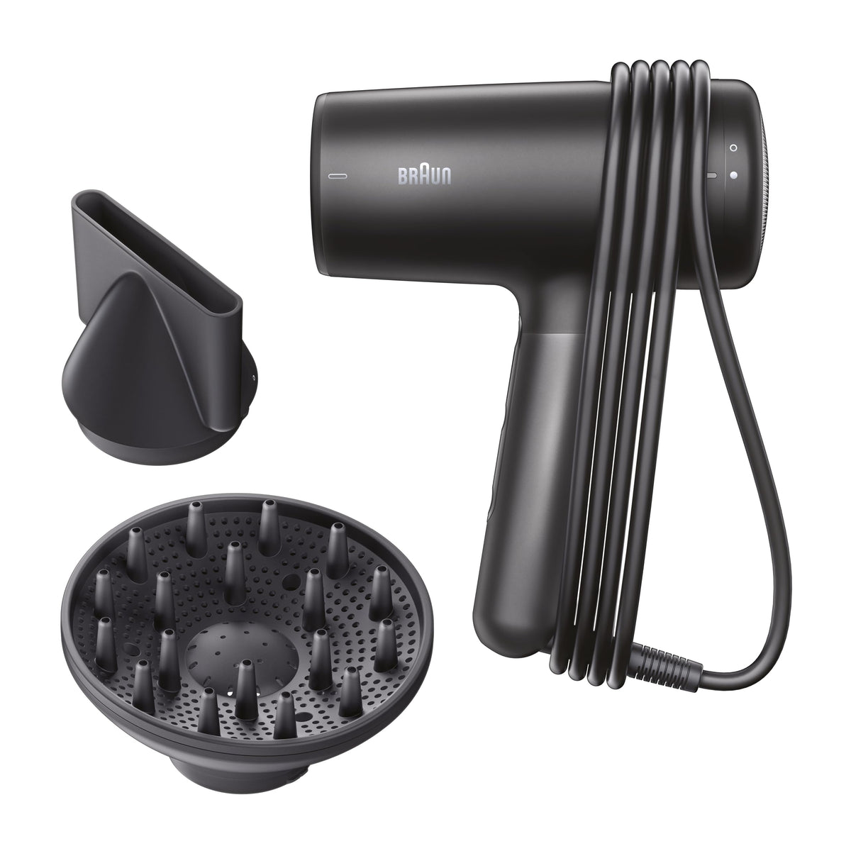 Braun Hair Dryer HD4.2 – Lightweight high-performance hair dryer with diffuser and styling nozzle for all hair types, Super IONTEC technology, 2100W, 3 temperature settings and 3 speeds, Black-Grey, BRHD425E
