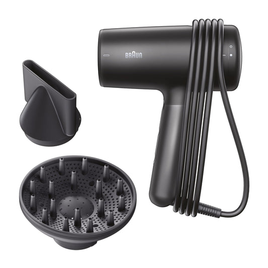 Braun Hair Dryer HD4.2 – Lightweight high-performance hair dryer with diffuser and styling nozzle for all hair types, Super IONTEC technology, 2100W, 3 temperature settings and 3 speeds, Black-Grey, BRHD425E