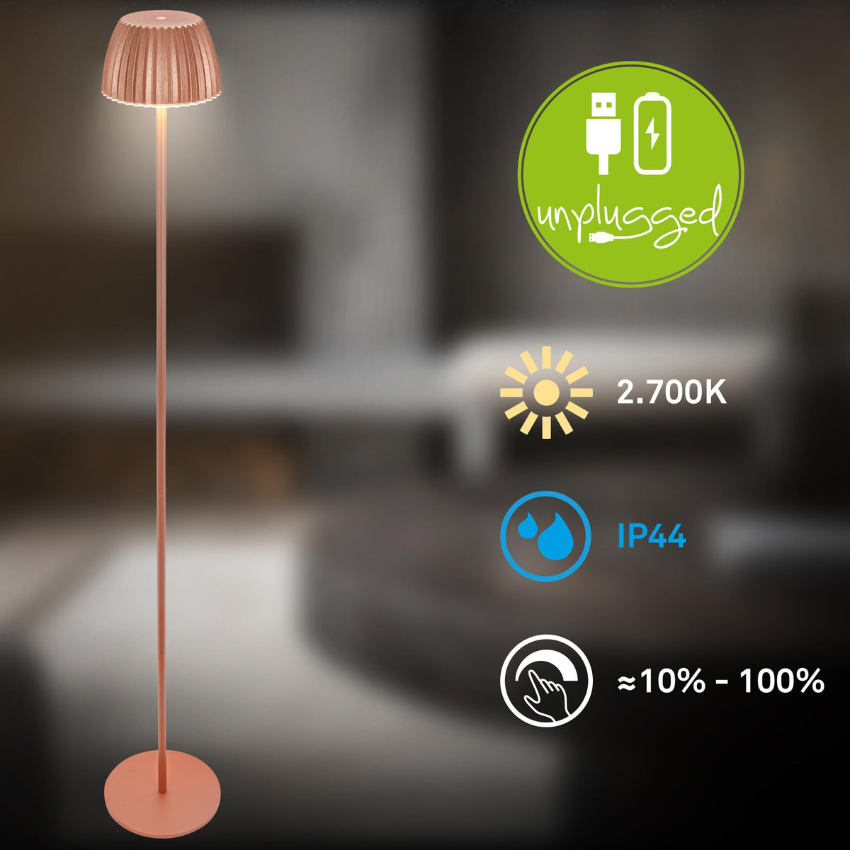 BRILONER - Riffle LED floor lamp wireless IP44 with touch, dimmable, memory function, replaceable battery, battery floor lamp, reading lamp, living room lamp, German Design Award Winner, 19x124 cm, copper color - 1238013