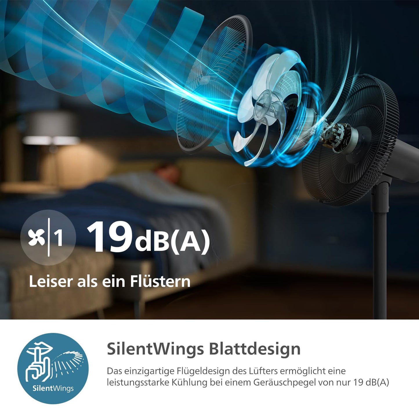 Philips Smart pedestal fan series 3000. Strong & extremely quiet SilentWings technology. 19dB. 2-in-1 table & pedestal fan. Tiltable & rotatable. App control. 12 hour timer. Black (CX3550/01)