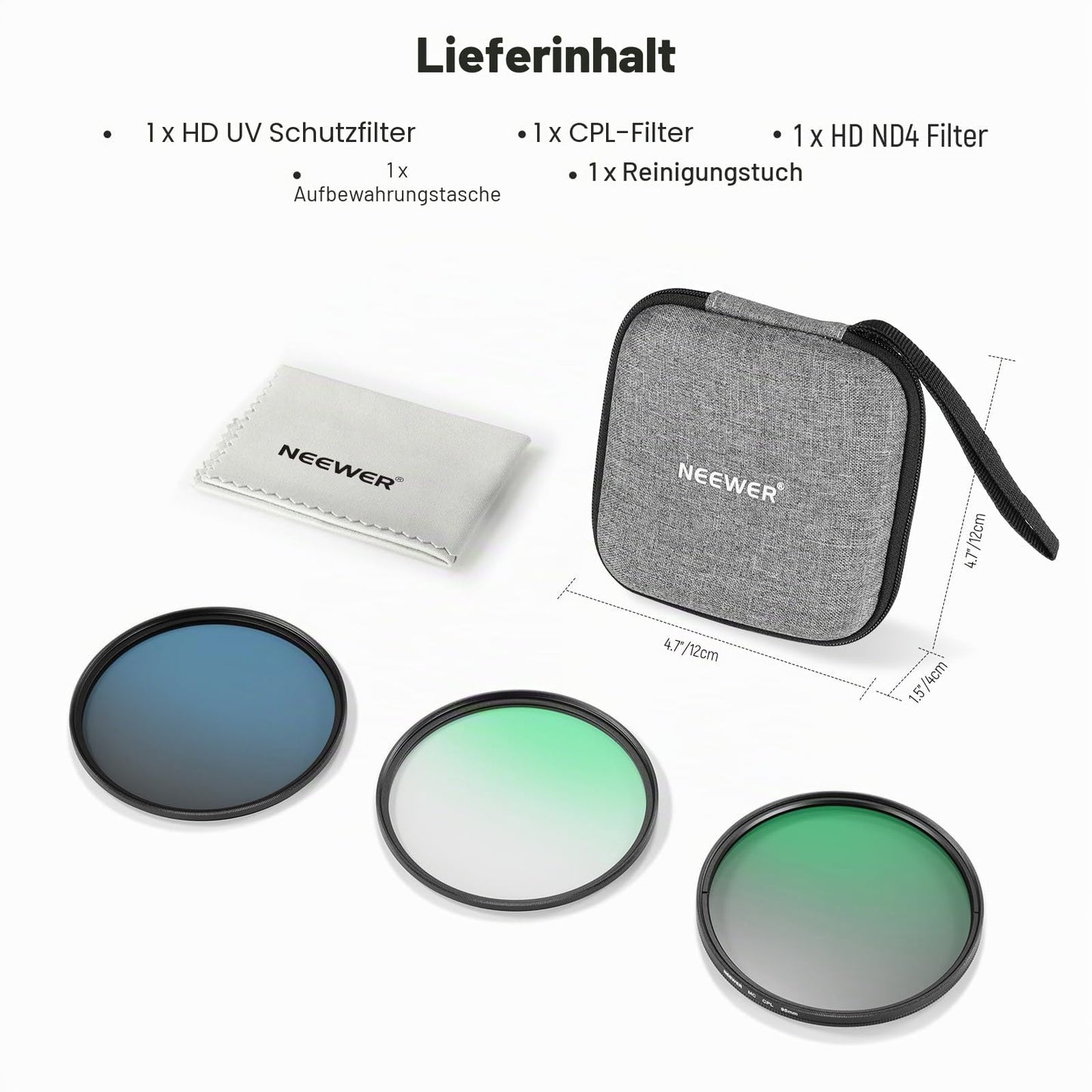 NEEWER 95mm UV CPL ND lens filter set with hard storage case, multi-coated optical glass, aluminum frame, UV + circular polarizing filter (CPL) + gray filter (ND4) for 95mm camera lens - NW