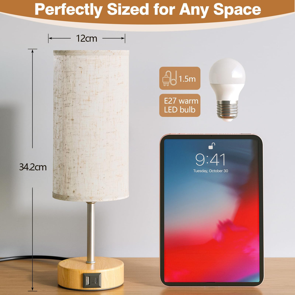 UPXNBOR bedside lamp set of 2, table lamp with USB-A & USB-C charging function - N-15