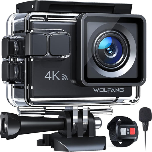 WOLFANG GA100 Action Cam 4K 20MP Underwater Camera WiFi 40M Waterproof EIS Image Stabilizer Helmet Camera 170° Wide Angle Camcorder (External Microphone, 2.4G Remote Control, 2 Batteries and Accessory Kit)