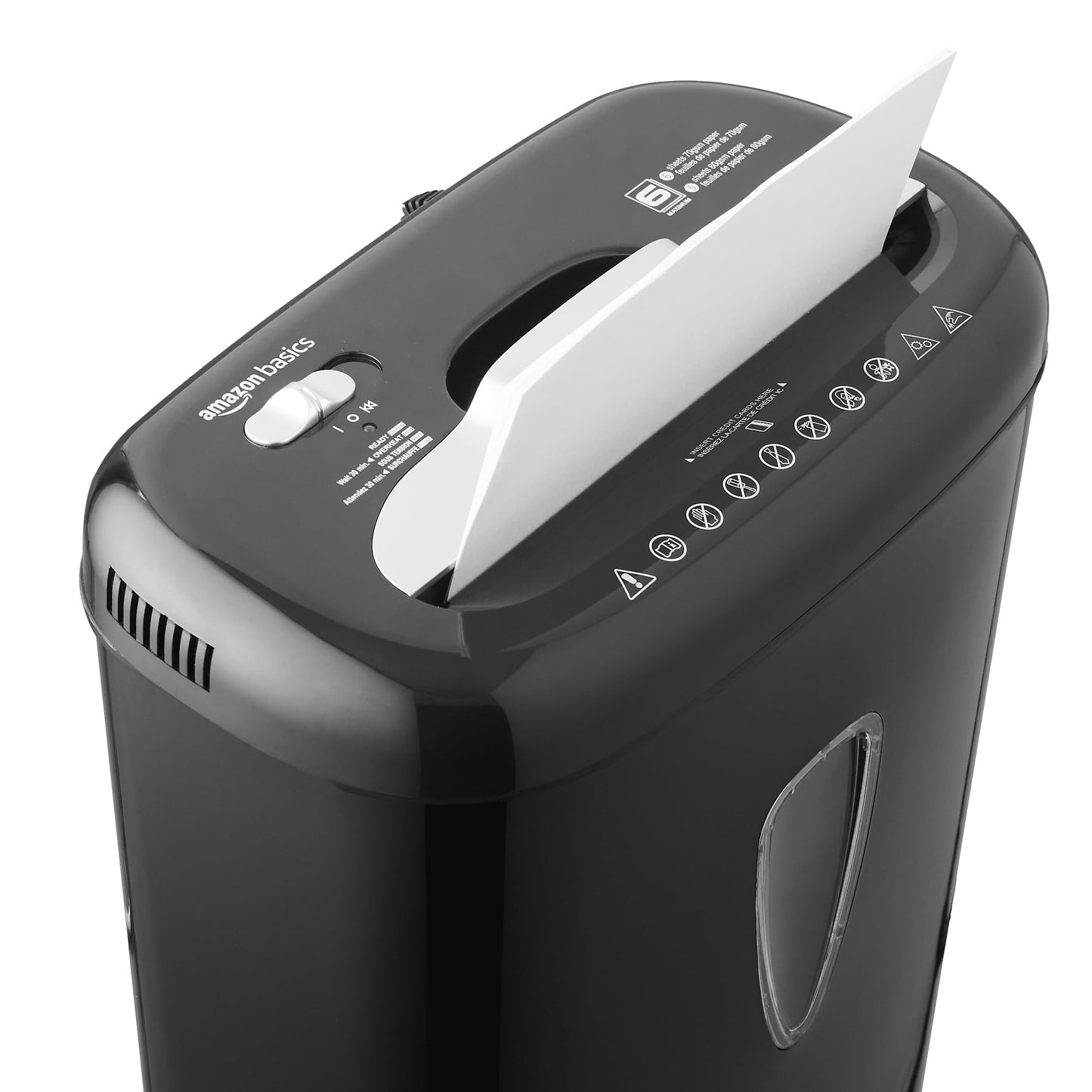 Amazon Basics document shredder with microparticle cut, 5-6 sheets, with transparent viewing window, for documents and credit cards, 15.5l collection container, black - AU610MA