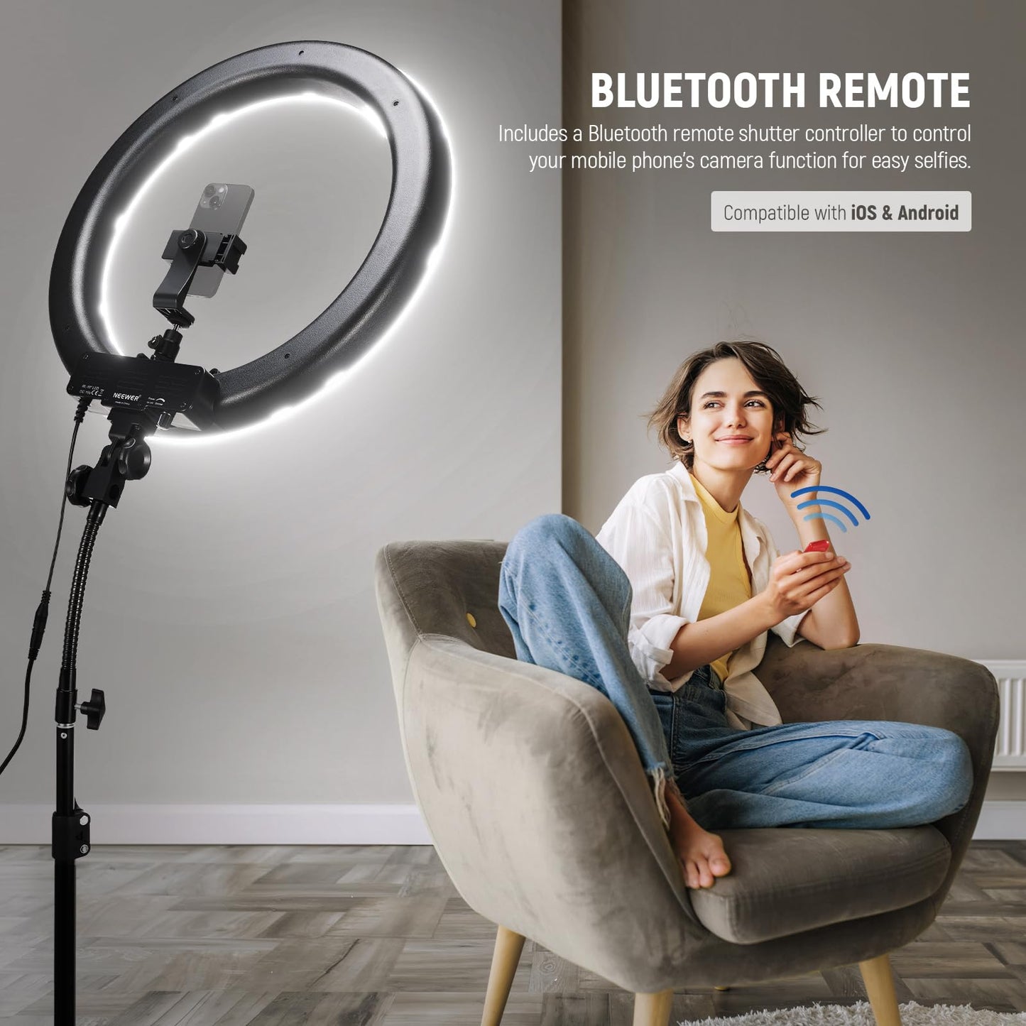 NEEWER ring light with tripod set: 18 inches/45cm outdoor 55W 5600K dimmable LED ring light with Bluetooth remote control for cell phone/camera for YouTube TikTok self portrait photo, tattoo artists, make-up, salons - RL-18