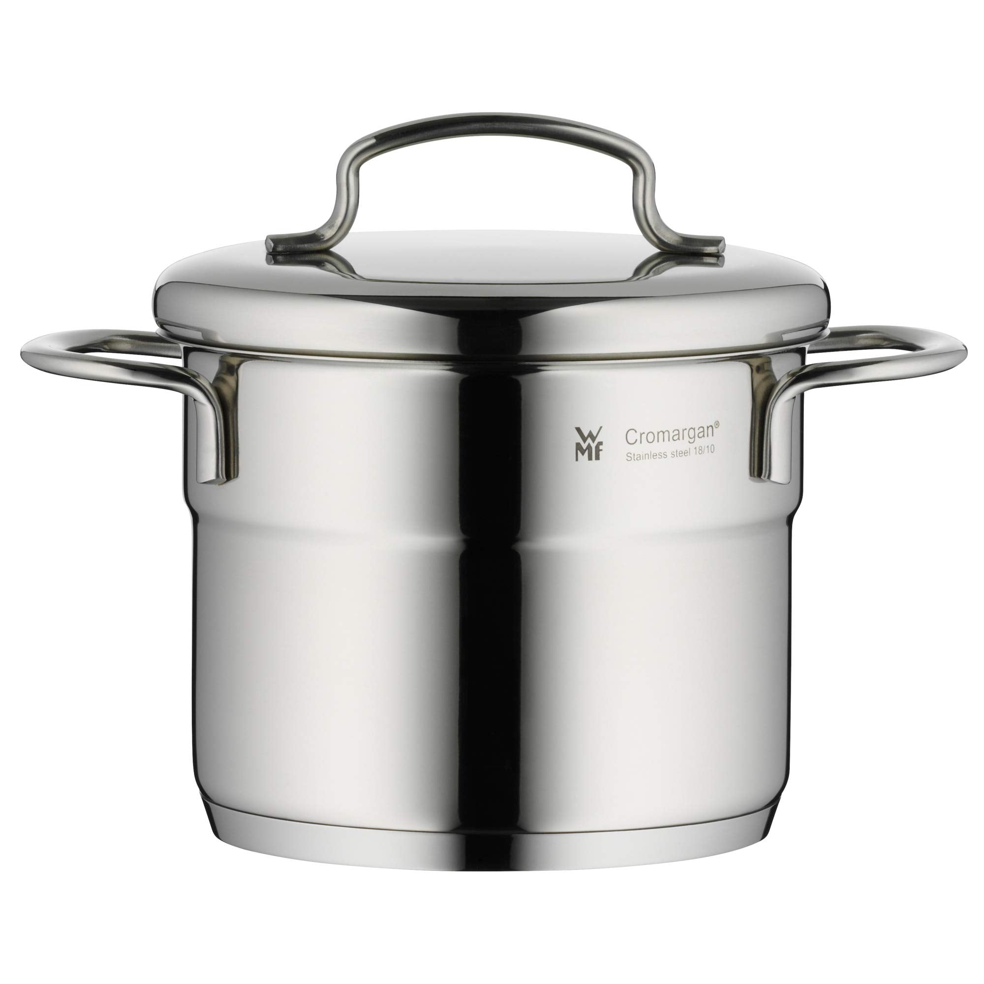 WMF mini oală de gătit mică 12cm, capac metalic, oală pentru carne inducție 1l, oțel inoxidabil Cromargan, stivuibilă, pentru porții mici, gospodării cu o singură persoană - 0712776040
