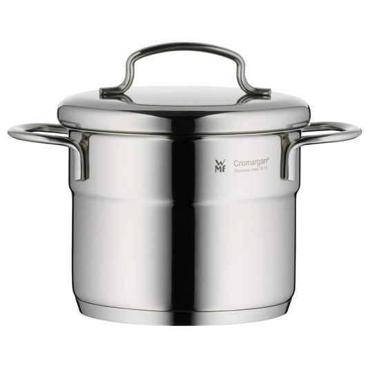 WMF mini oală de gătit mică 12cm, capac metalic, oală pentru carne inducție 1l, oțel inoxidabil Cromargan, stivuibilă, pentru porții mici, gospodării cu o singură persoană - 0712776040