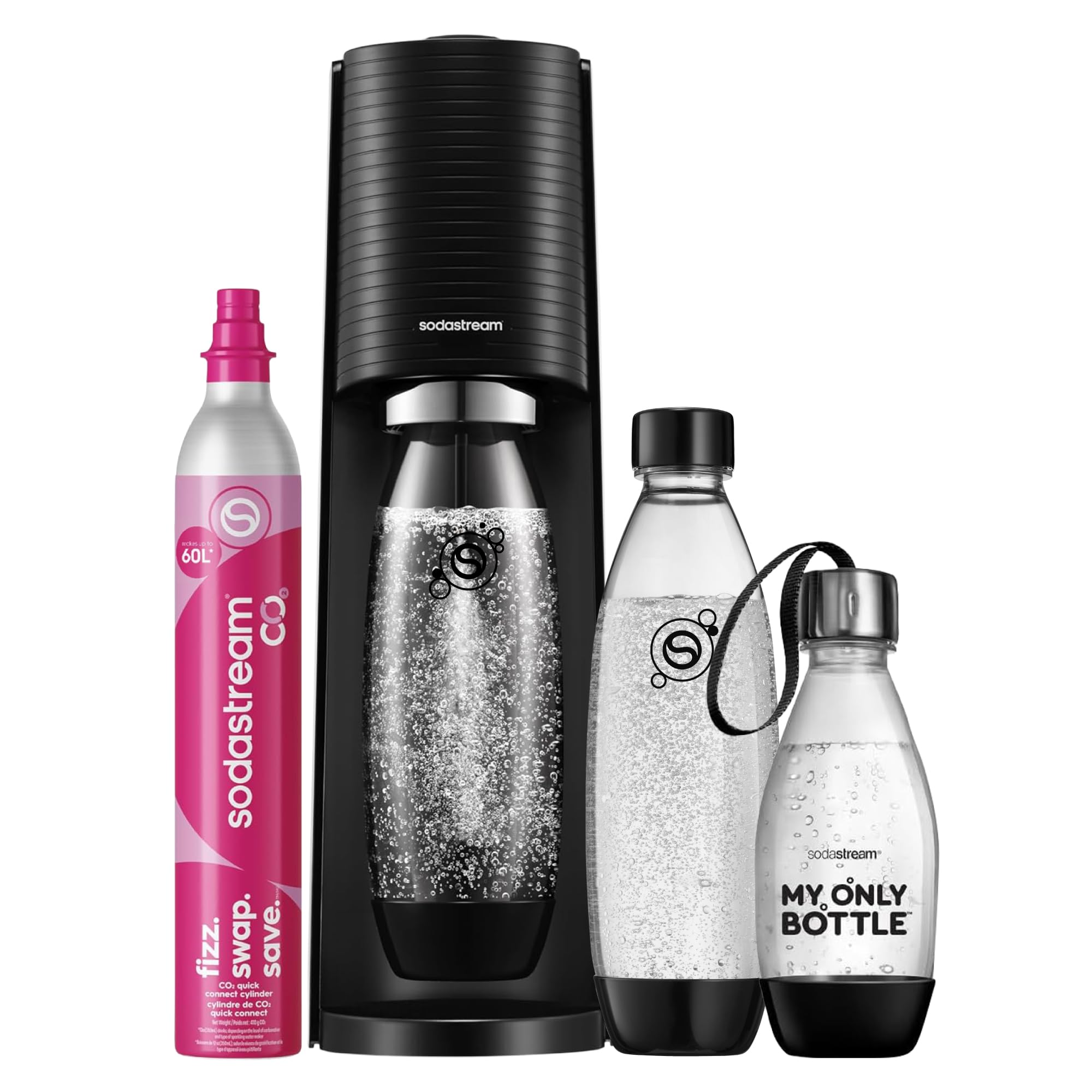 Sodastream TERRA water carbonator, soda stream machine value pack with 1 Quick Connect 60L CO2 cylinder, 2x 1L and 1x 0.5L dishwasher-safe plastic bottles, height 44 cm, black - 1012813491