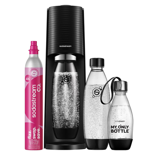Sodastream TERRA water carbonator, soda stream machine value pack with 1 Quick Connect 60L CO2 cylinder, 2x 1L and 1x 0.5L dishwasher-safe plastic bottles, height 44 cm, black - 1012813491