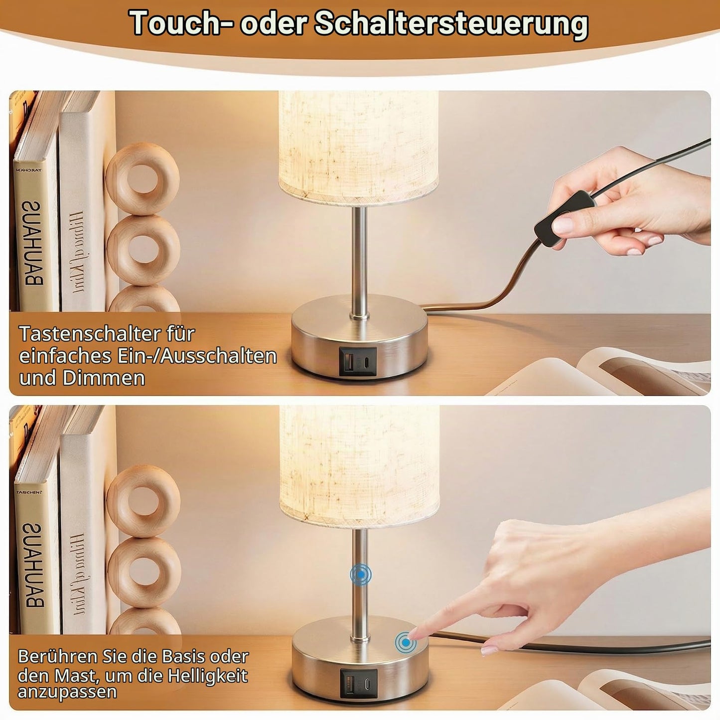 UPXNBOR bedside lamp set of 2, table lamp with USB-A & USB-C charging function - N-15