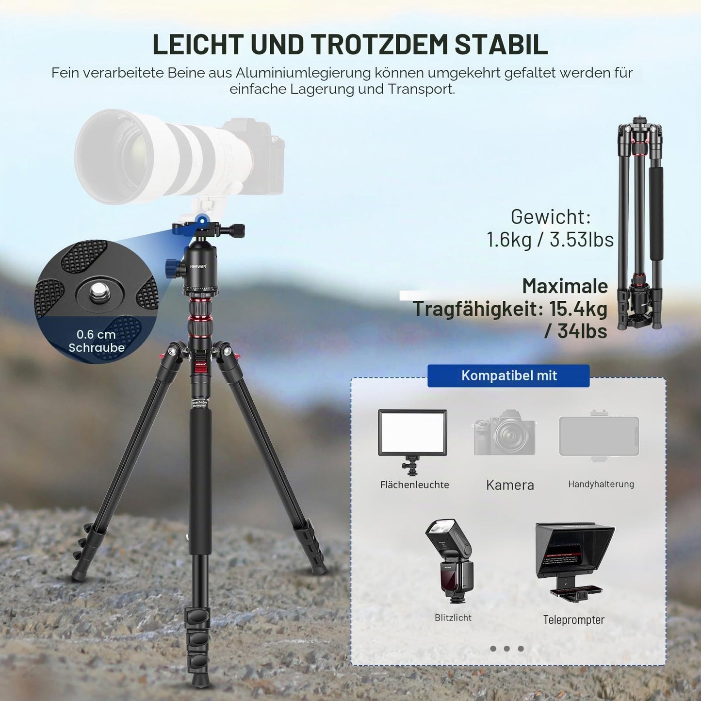 NEEWER 195.6cm Camera Tripod Monopod with Cell Phone Holder, Portable Travel Tripod with Remote Control 360° Ball Head 2 Axis Center Column, Arca QR Plate, Bag, Aluminum DSLR Tripod, Max 15.4kg, TP77 - 10104153