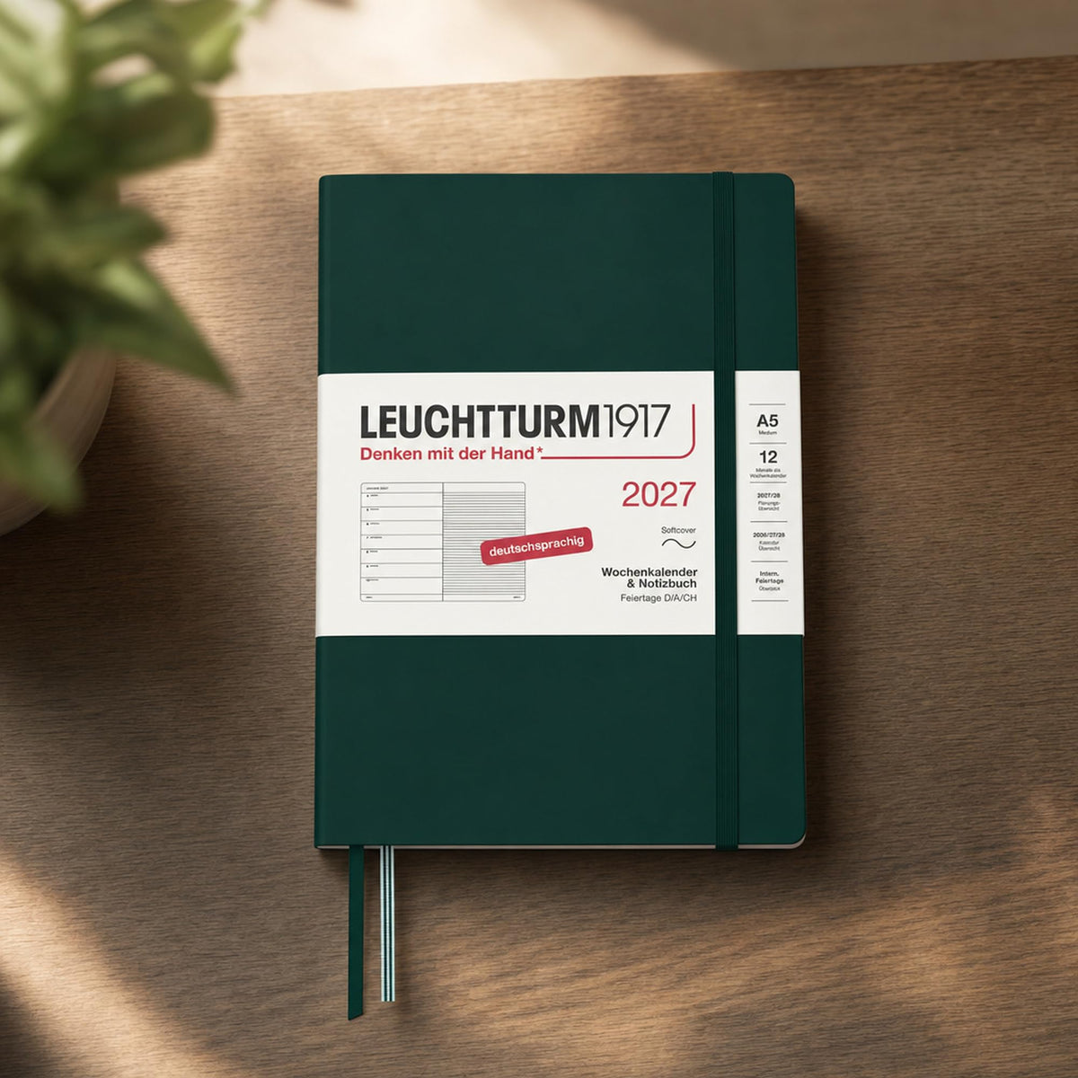 LEUCHTTURM1917 Weekly Calendar 2027 Medium (A5) with Notebook - German Appointment Planner, Forest Green, Softcover, January-December 2027, Weekly Overview on the Left + Notes Page on the Right - 400073