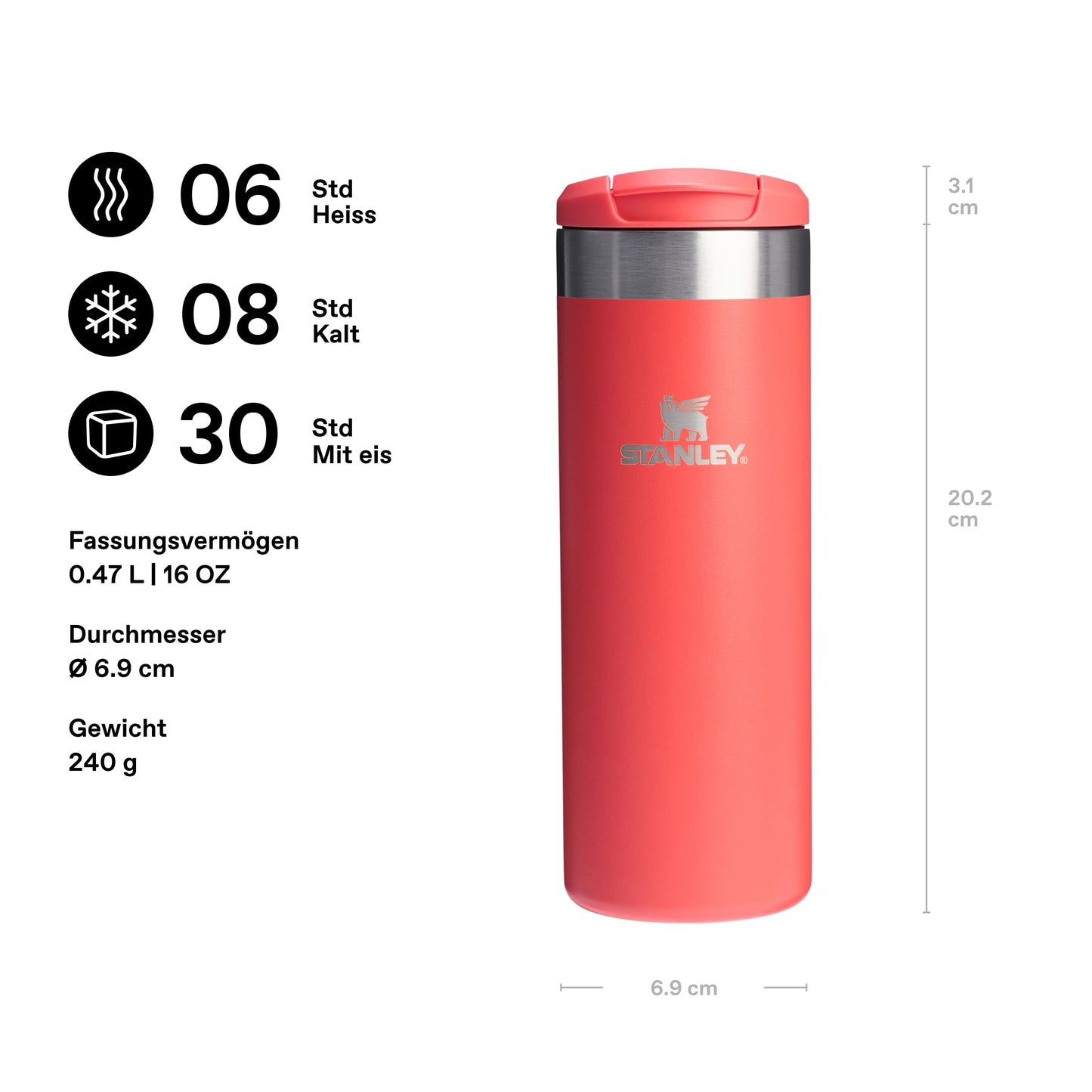 Stanley 1913 Aerolight Transit Thermo Mug 0.47L - Keeps Hot for 6 Hours - Dishwasher Safe - Coffee Mug To Go Leak-Proof - Compatible with Common Car Drink Holders - Hot Coral - 100000108204