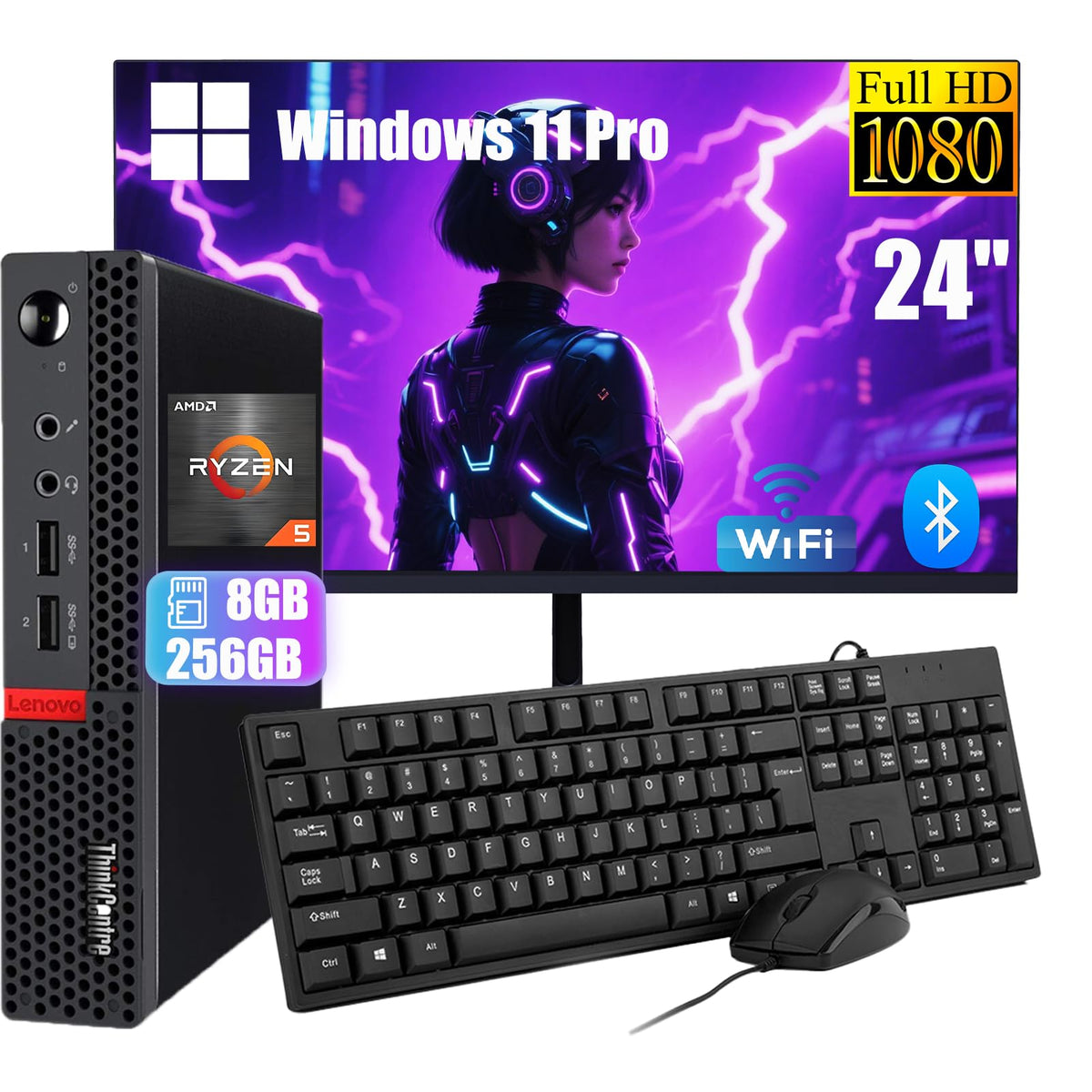 Lenovo ThinkCentre M715Q Mini Desktop PC cu monitor de 24 inch, AMD Ryzen 5 Pro 2400, 8 GB RAM, 256 GB SSD, WiFi, Bluetooth, tastatură US QWERTY, Windows 11 Pro (Recondiționat)