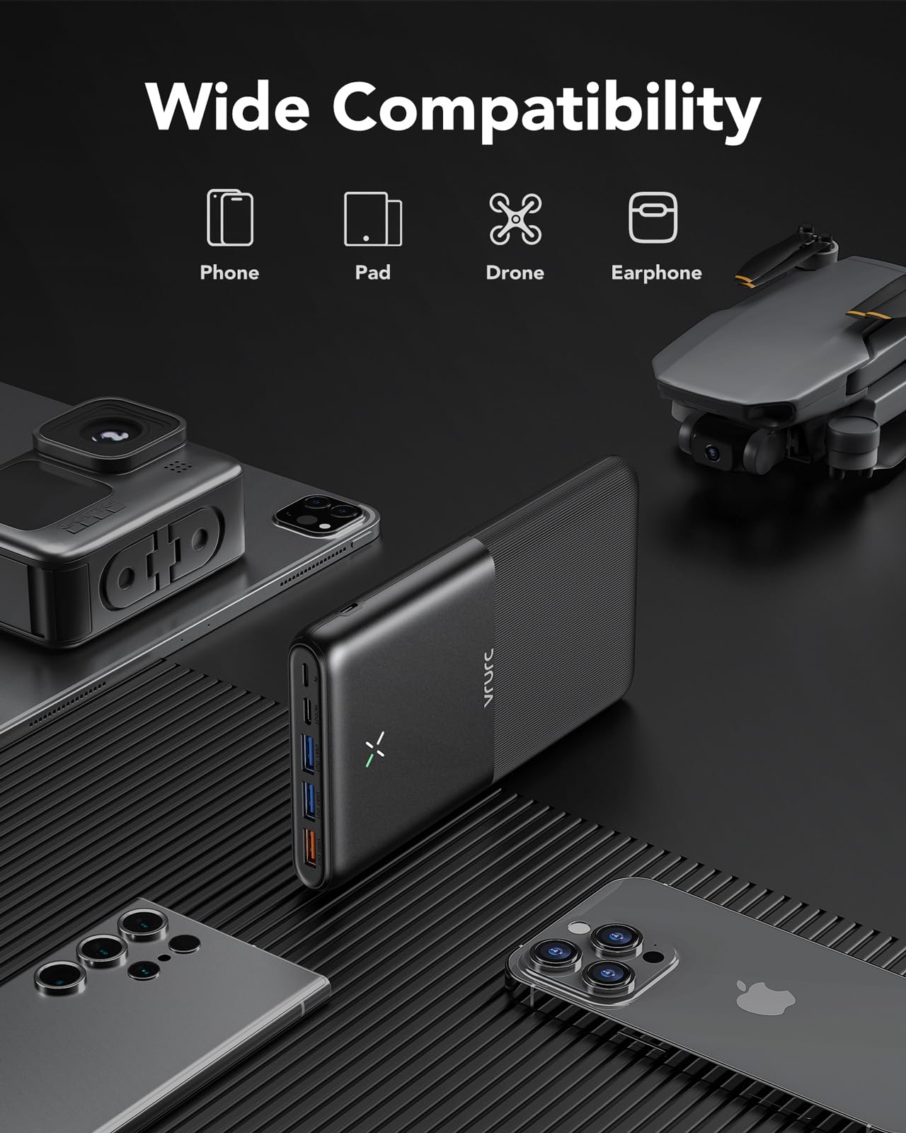 VRURC Power Bank 30000mAh 22.5W Power Bank USB C Fast Charging External Mobile Phone Batteries with 4 Outputs and 3 Inputs Portable Charger Compatible with iPhone, Huawei, Tablets etc (Black) - T3016