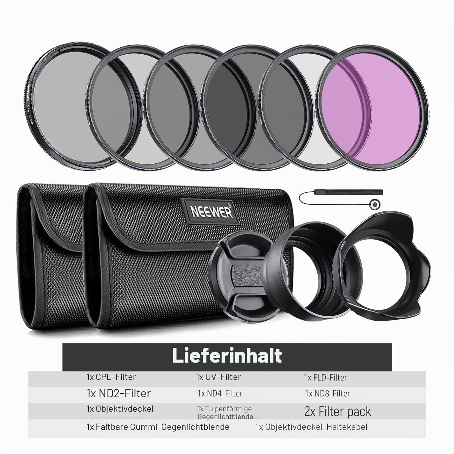 NEEWER 55mm ND Filter Kit and Lens Accessories, ND2 ND4 ND8 UV FLD CPL (Circular Polarizing) Filter Set with Lens Cap/Tulip Lens Hood - 10088181