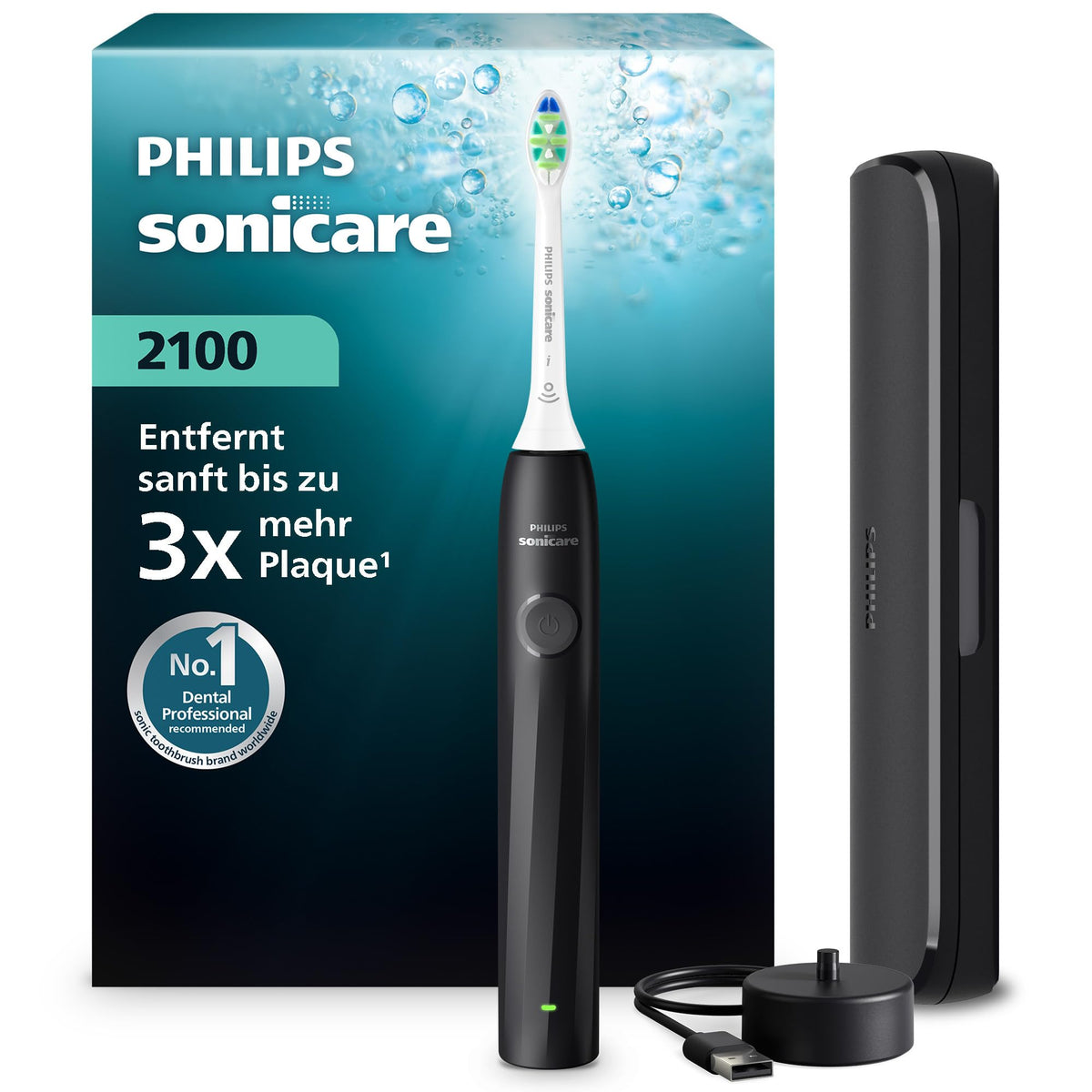 Philips Sonicare Series 2100 Electric Toothbrush – Sonic toothbrush with two intensity settings, EasyStart function, SmarTimer, 14 days of battery life, travel case, Black, HX4023/02, [New]