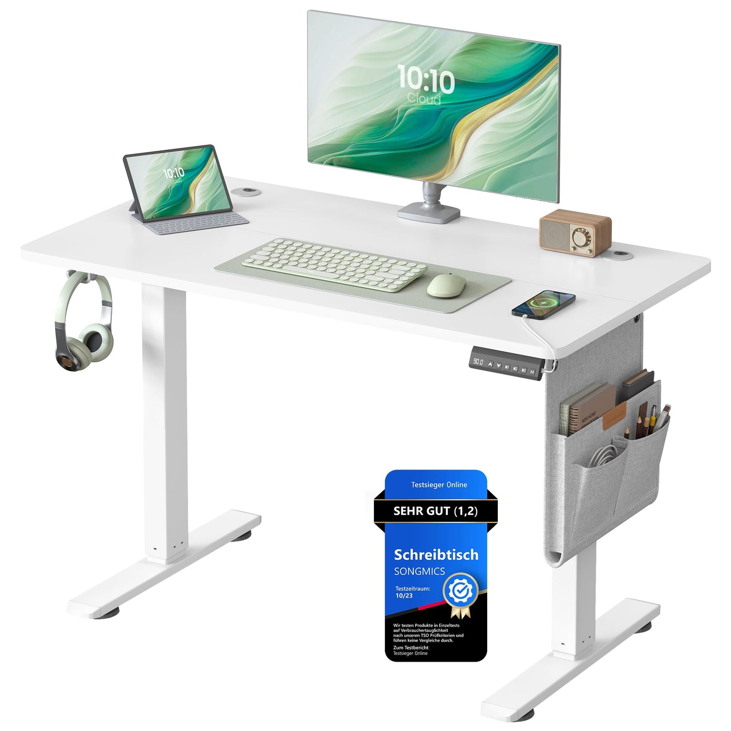 SONGMICS Electric height-adjustable desk, 100 x 60 cm, memory function with 4 heights, USB-C port, cloud white LSD130WZ01