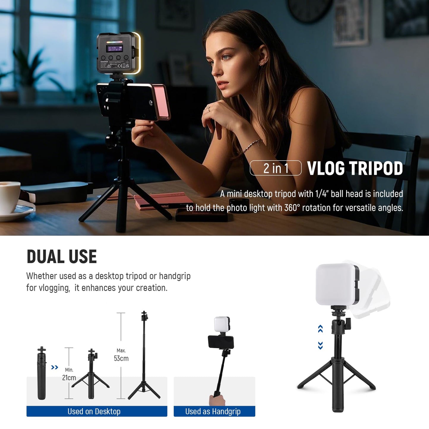 NEEWER Magnetic RGB camera video light, table tripod, 3 cold shoes, APP control CRI97+ 2500-8500K 17 scenes 2000mAh rechargeable photography recording small LED panel lighting RGB62