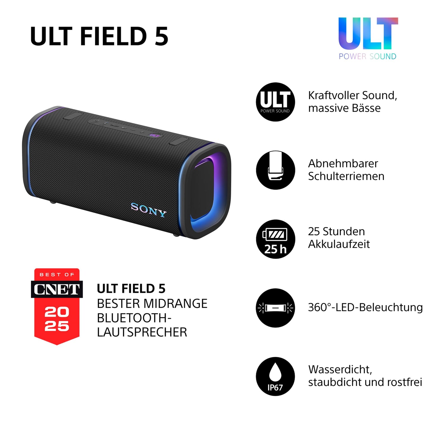 Sony ULT Field 5 - Powerful Portable Bluetooth Speaker, 25 Hour Battery, 2 x ULT Power Sound Modes, IP67, Waterproof, Dustproof, 360° Lights, Detachable Shoulder Strap - Black - SRSULT50B.CE7