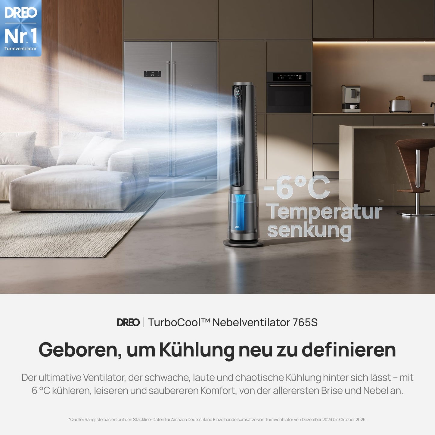 DREO TurboCool Mist Fan 765S, 3-in-1 tower fan with ultrasonic, WiFi & app control, 6 L tank, 10.4 m/s airflow, 20 dB quiet DC motor, 90° oscillation, 12 speeds, 4 modes - DR-HEC005S