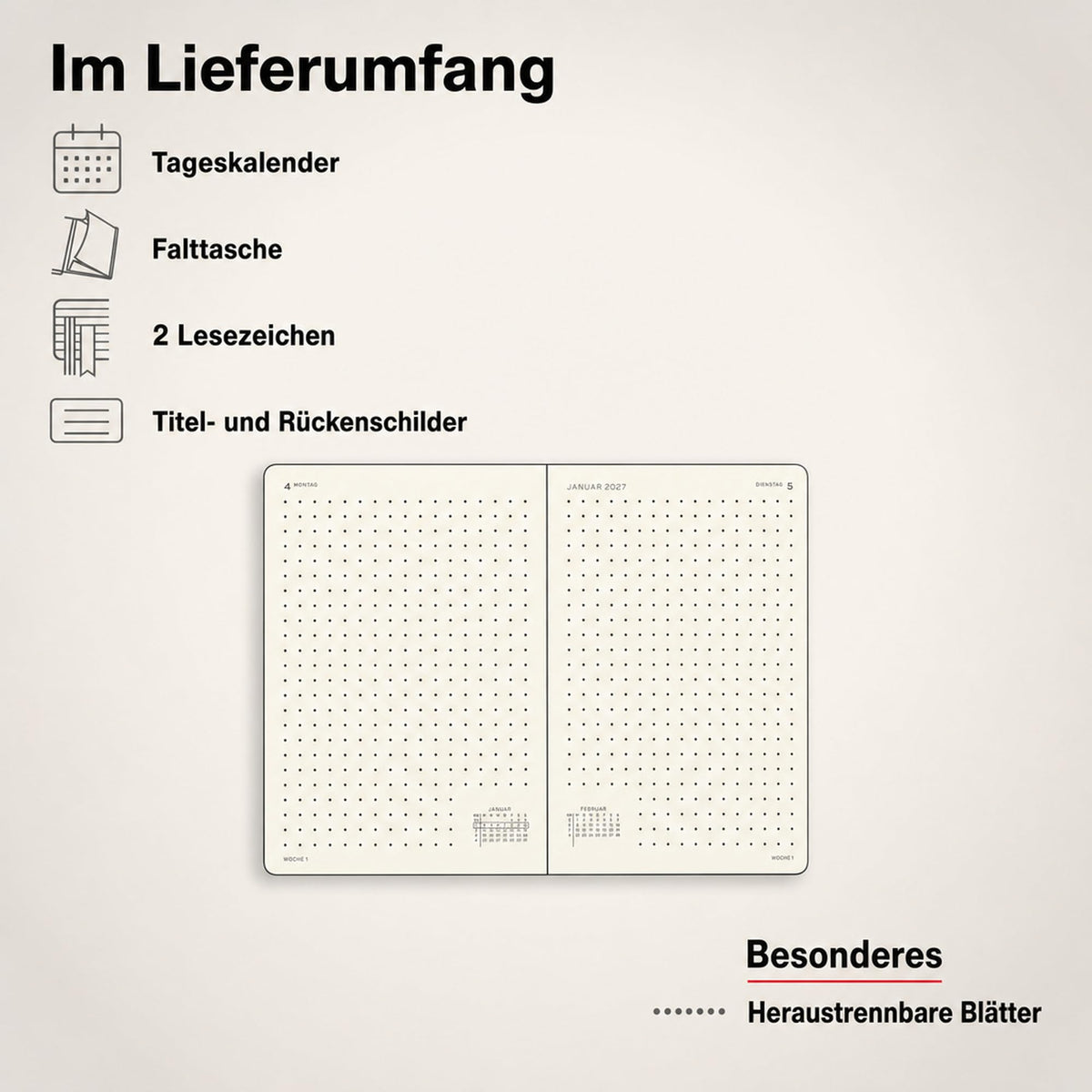 LEUCHTTURM1917 Daily Calendar 2027 Dotted Medium (A5) - German, Dusty Rose, 145 x 210 mm, January-December (12 months), 1 page per day, hourly grid 7:00-22:00, hardcover, 80 g/m² paper - 400167