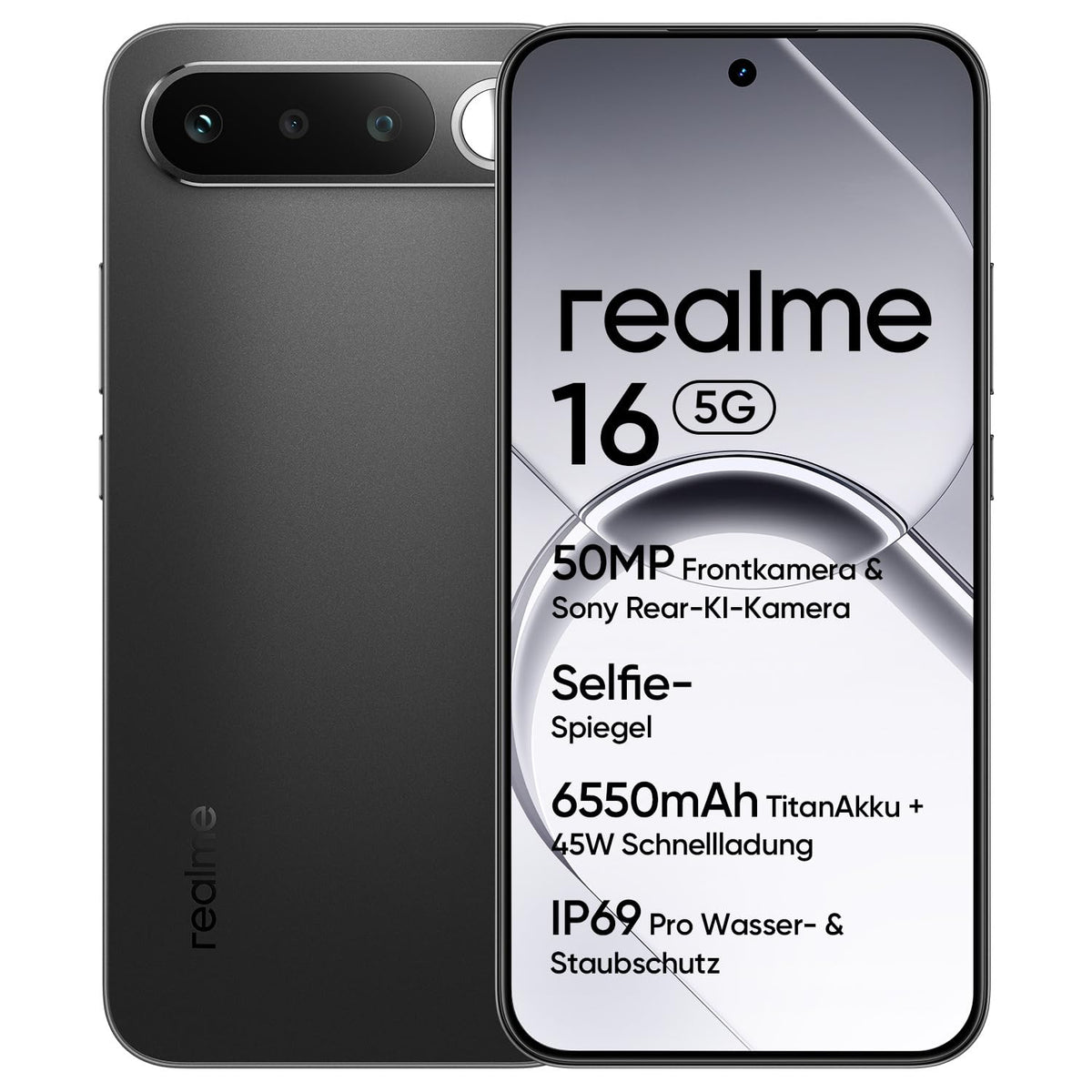 realme 16 5G Smartphone, 6GB+256GB, 120Hz AMOLED Display 6.57", 6550mAh Battery, 50MP Sony IMX852 Camera, IP69Pro, 45W Fast Charging, Dual SIM, NEXTAi, Black (Without Charger) - 6941764487024